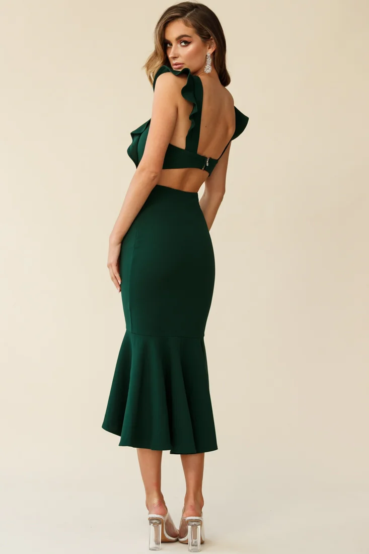 Jackie Wide Ruffle Hem Pinafore Midi Dress Forest Green