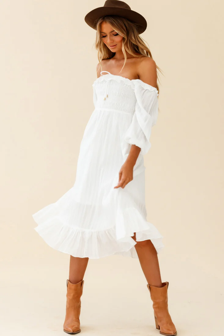 Flynn Off-Shoulder Shirred Bust Midi Dress White
