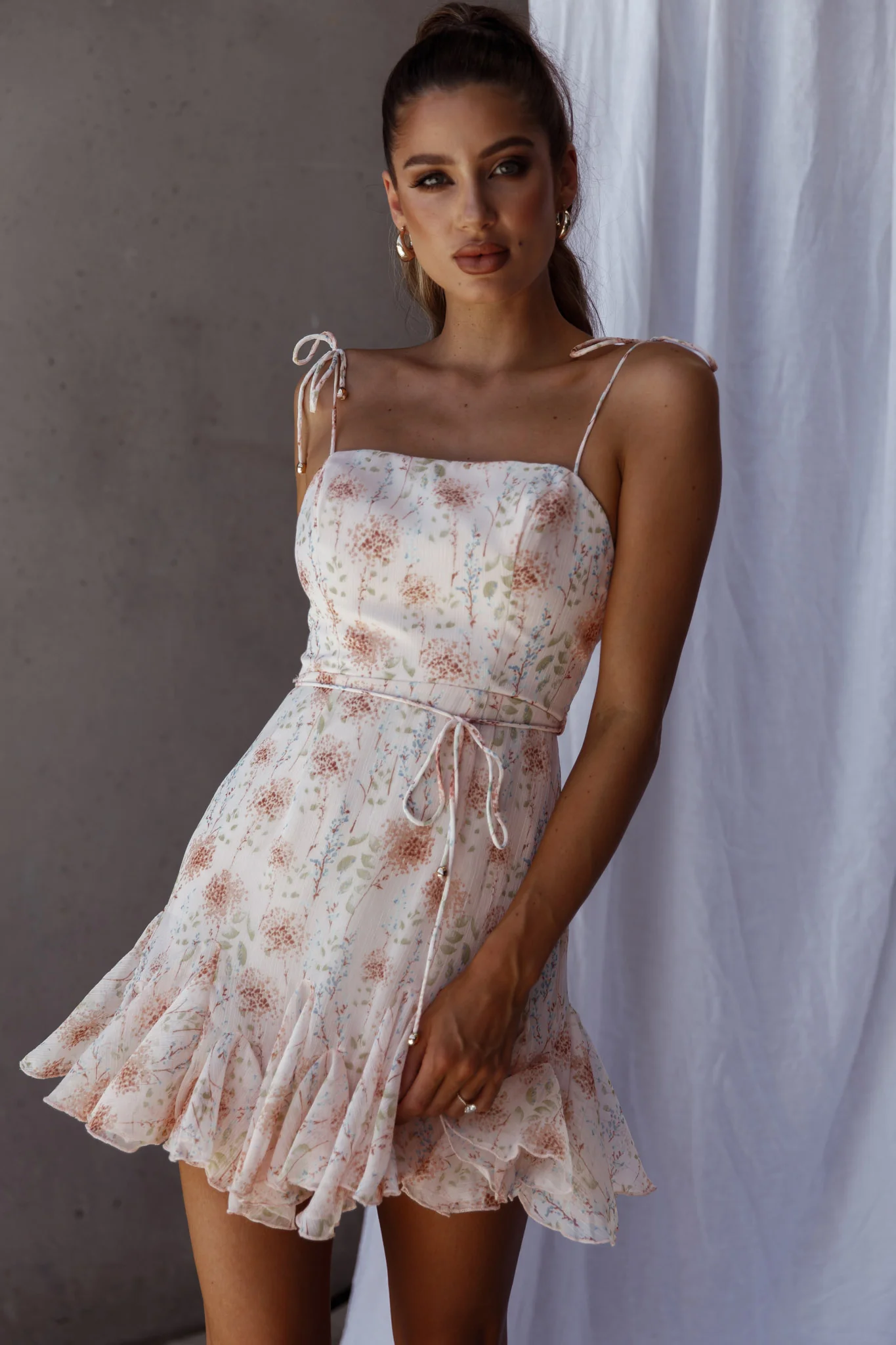 Charliza String Tie Godet Hem Dress Floral Peach