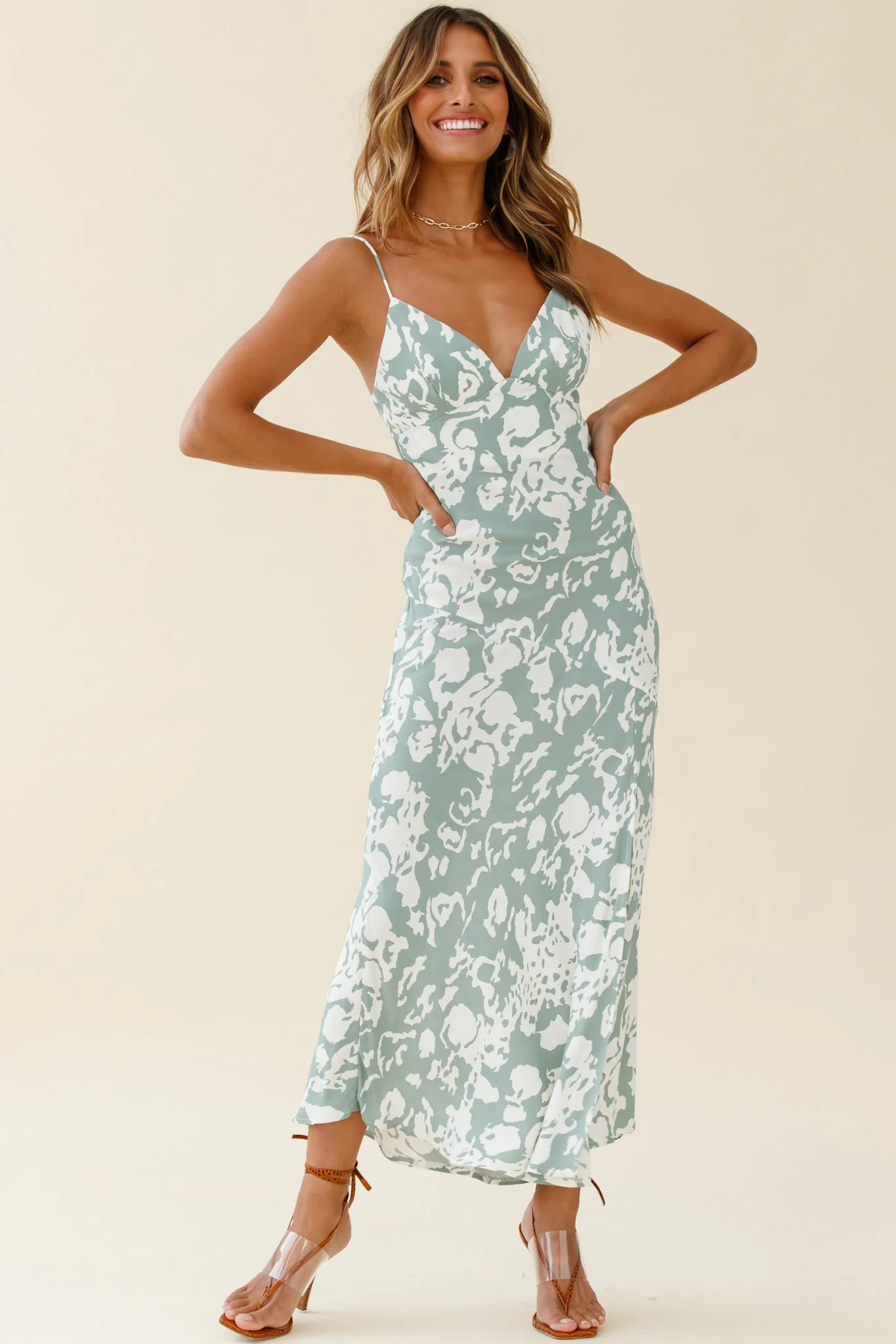 Downtown Cami Strap Front Split Midi Dress Stencil Print Sage