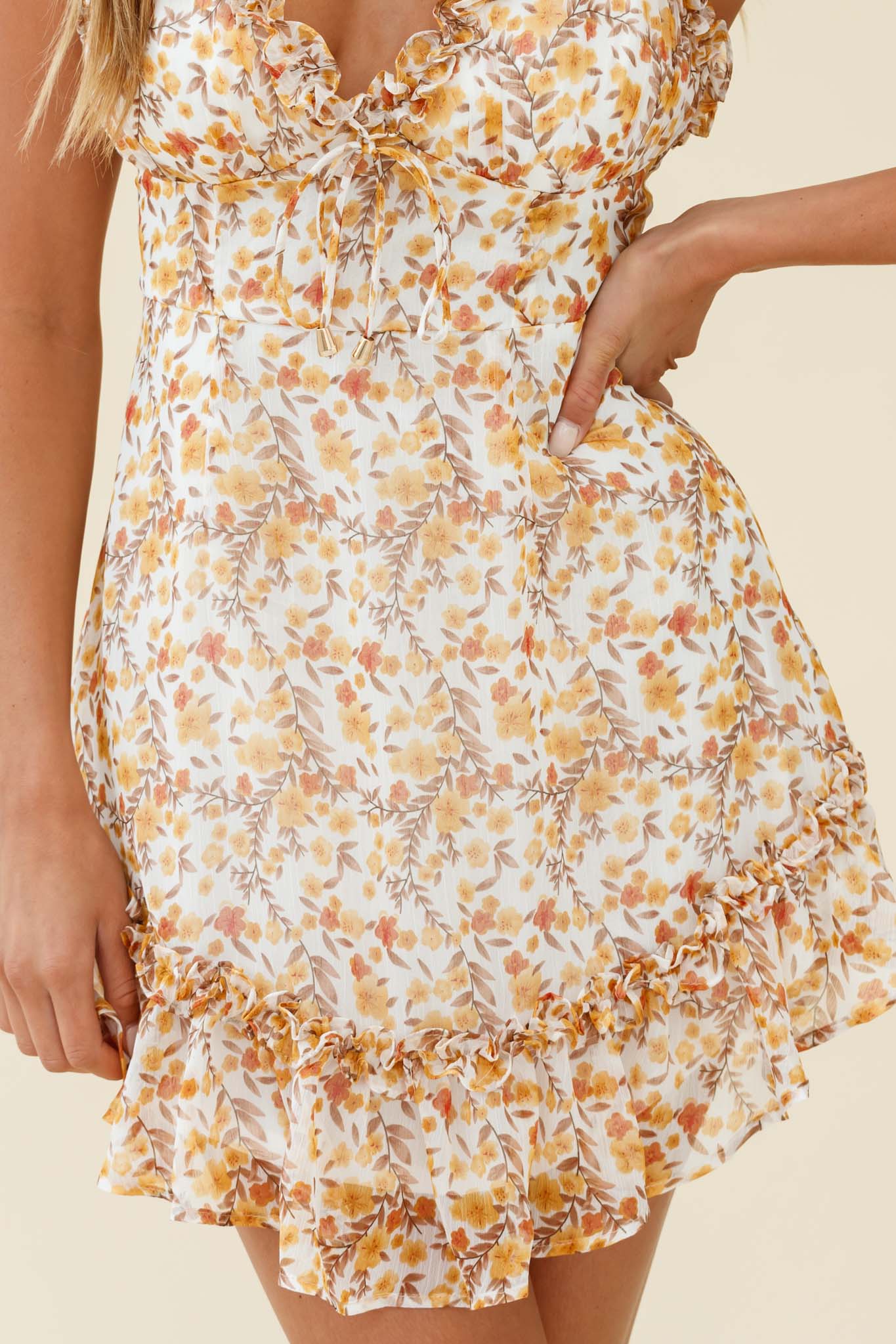 Match Maker Criss-Cross Back Frill Trim Dress Floral Print Yellow Multi