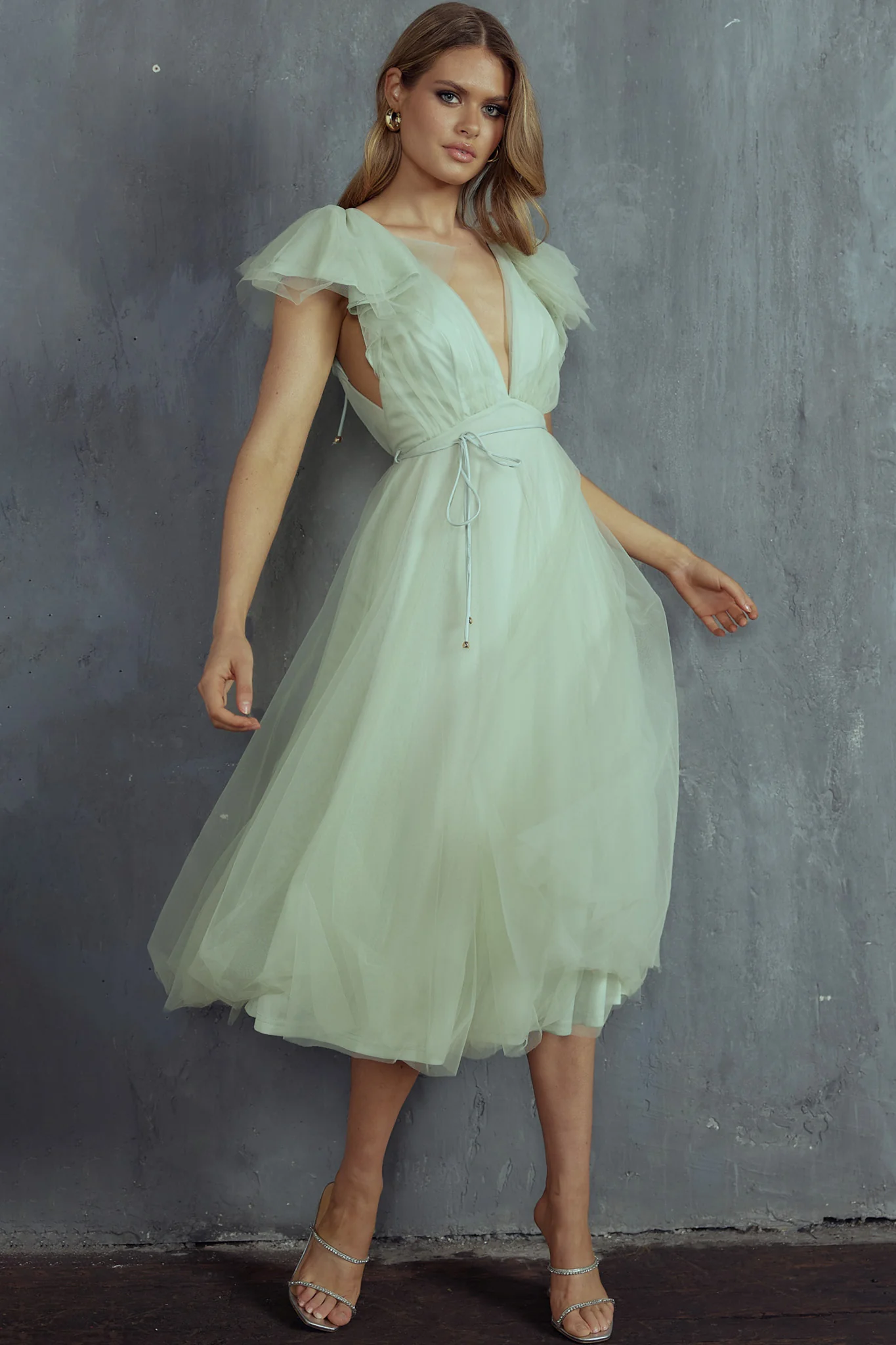 Leap Of Faith Frill Shoulder Tulle Midi Dress Pistachio