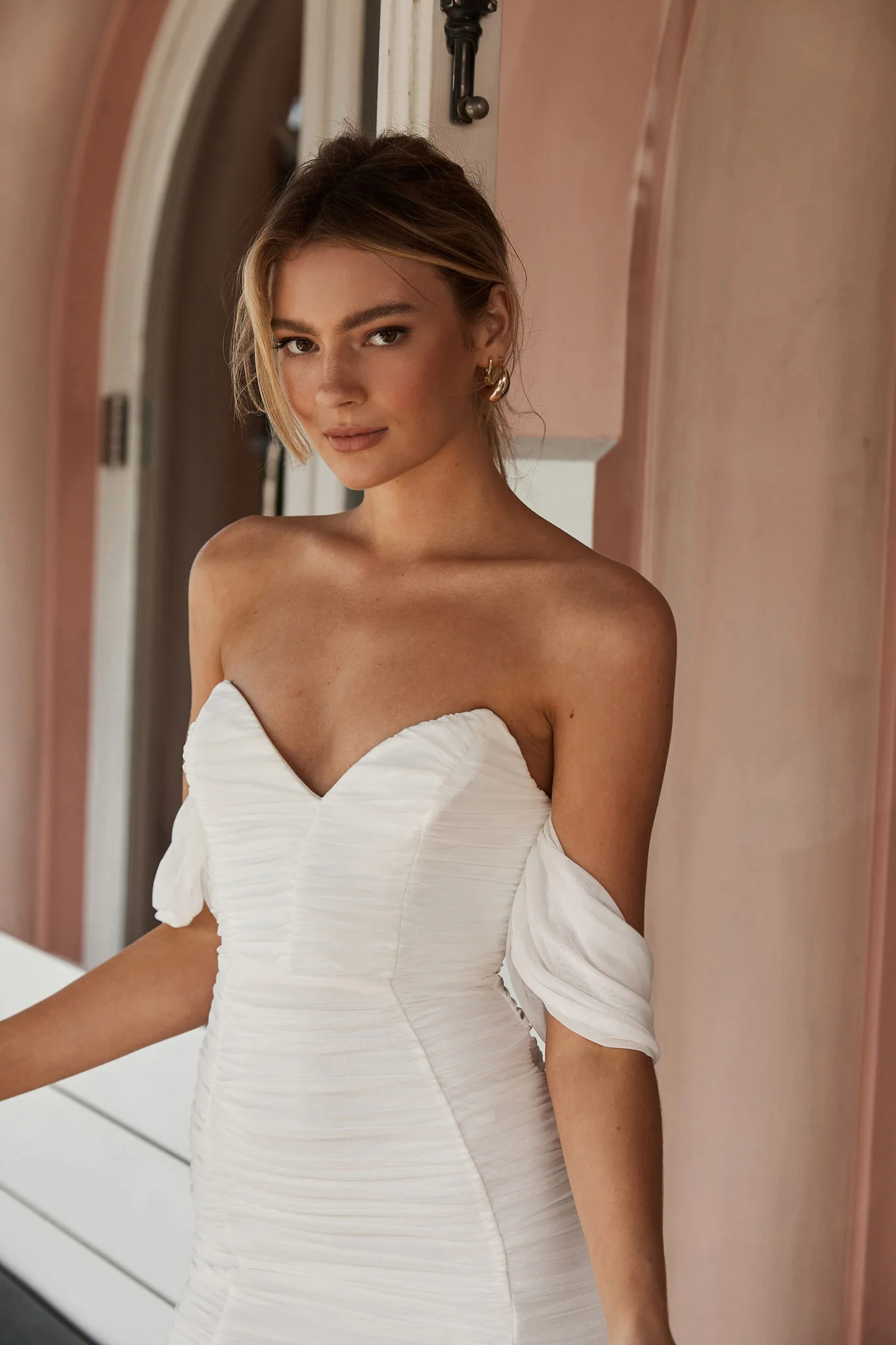 Evelina Draped Sleeve Sweetheart Neckline Ruched Dress White