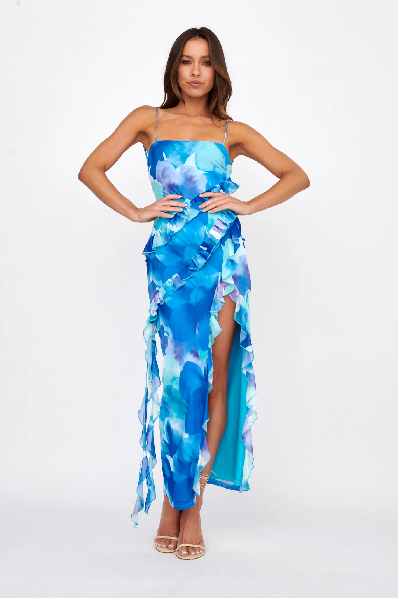 Crush On You Split Ruffle Midi Dress Blue