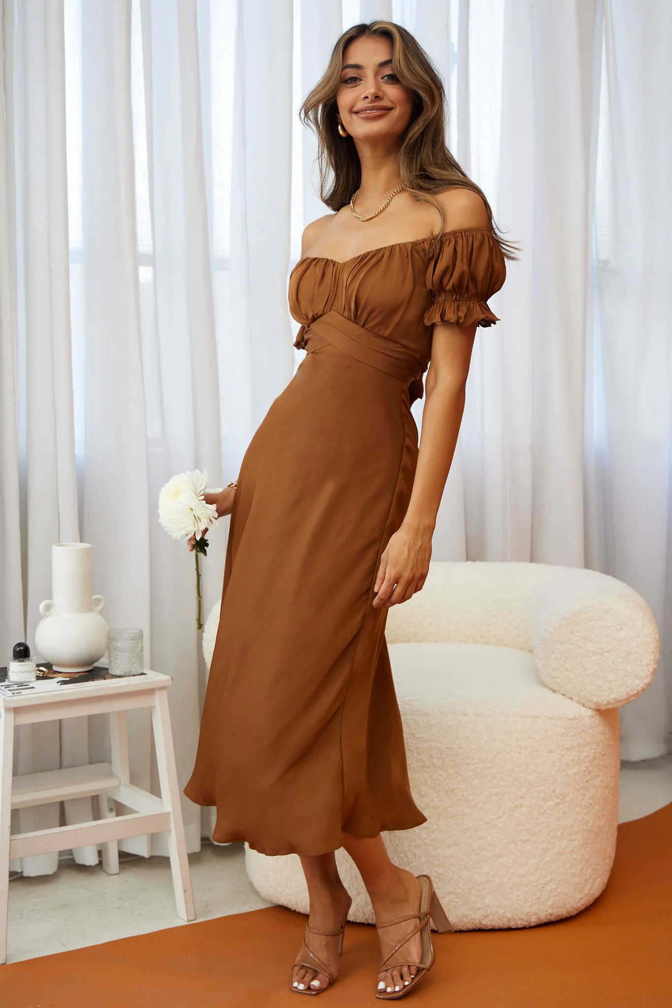 Linka Off-Shoulder Tie Back Midi Dress Chocolate