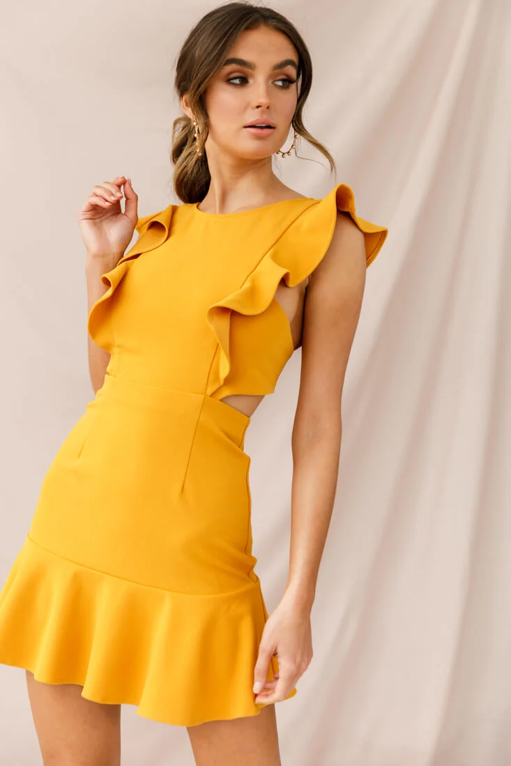 Jackie Wide Ruffle Hem Pinafore Dress Mustard