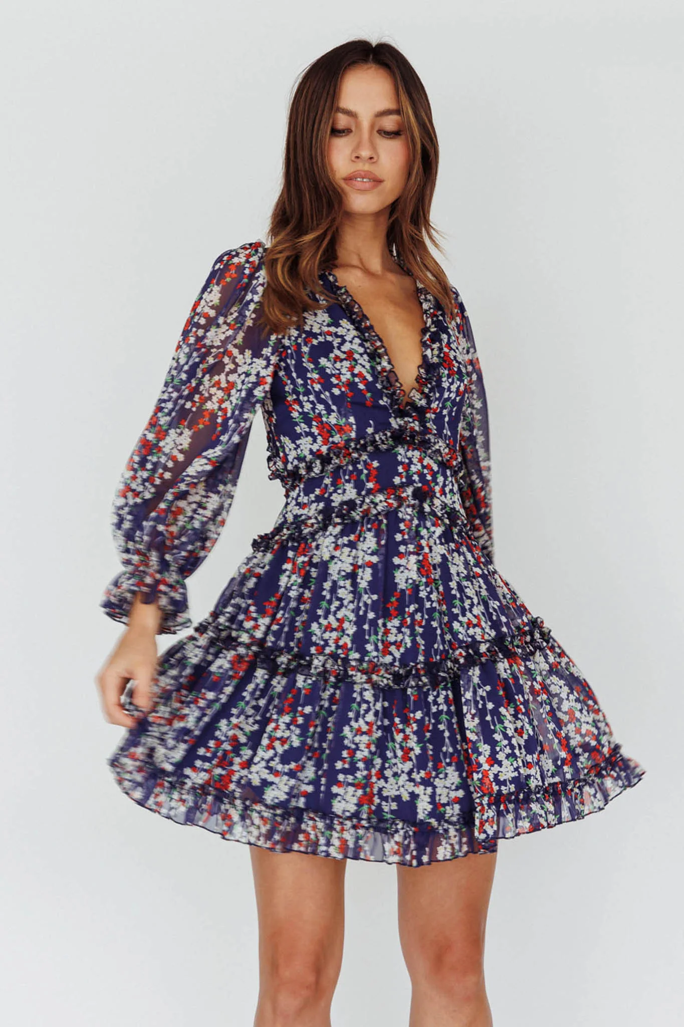 Laney Cutout Back Ruffle Detail Floral Dress Navy