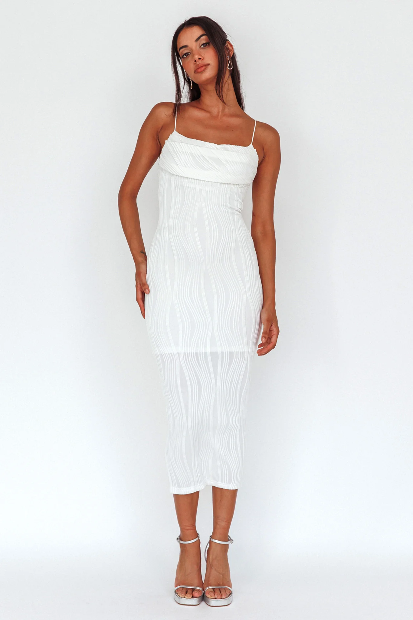 Well Versed Pleated Bust Textured Maxi Dress Off White