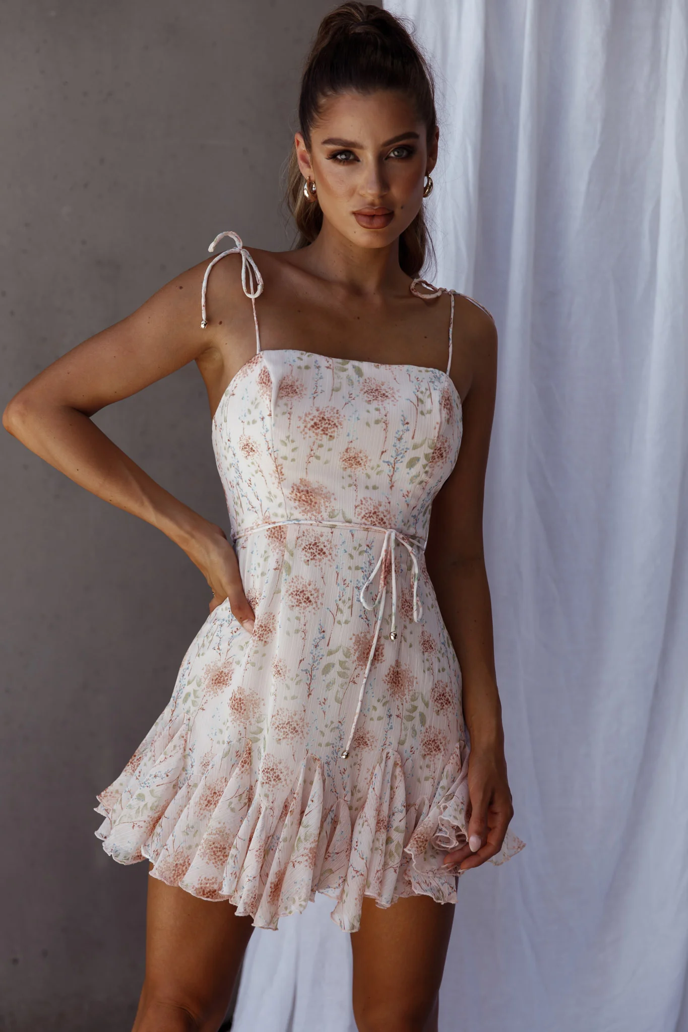 Charliza String Tie Godet Hem Dress Floral Peach
