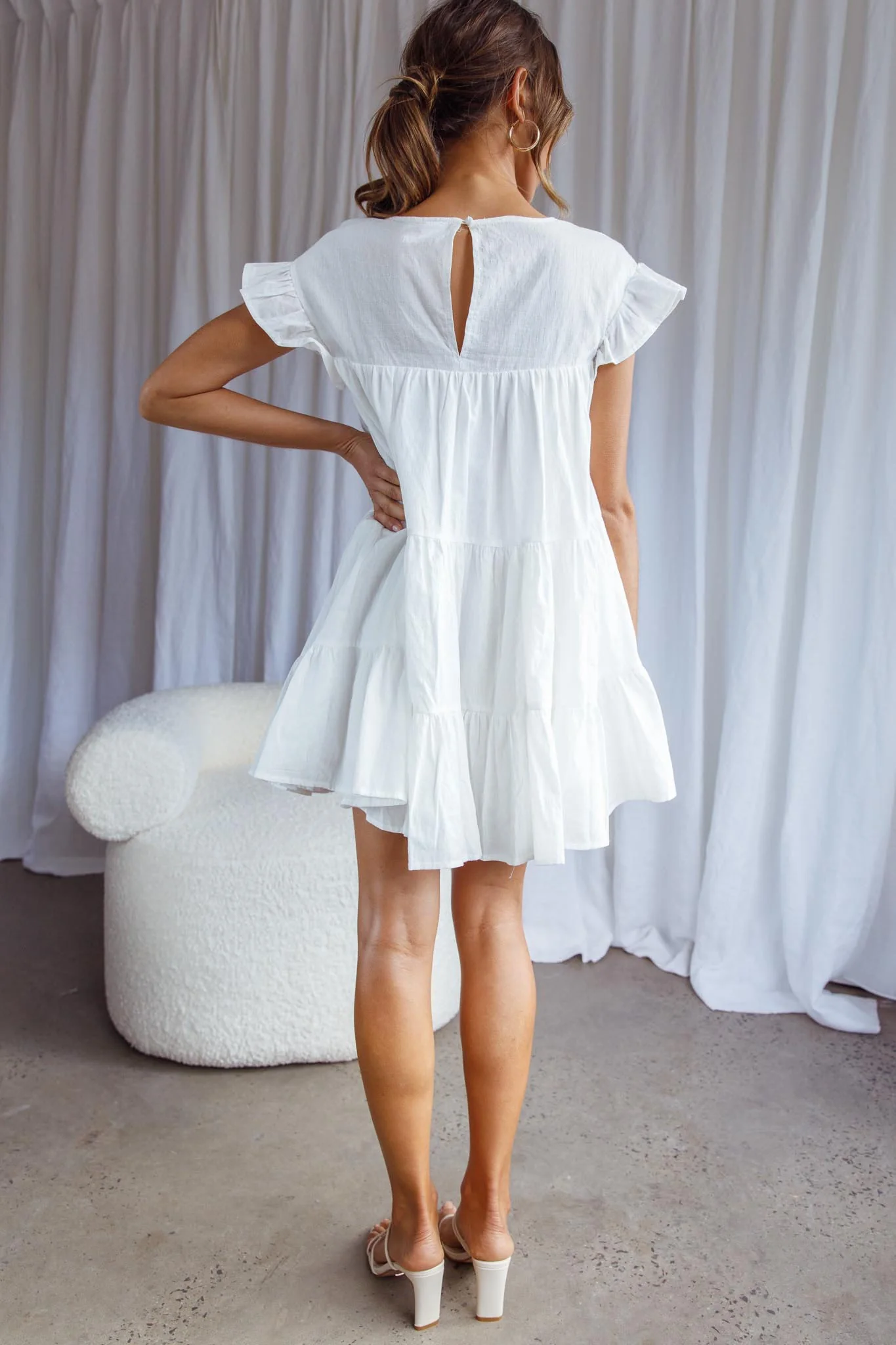 Hyacinth Ruffle Sleeve Smock Dress White