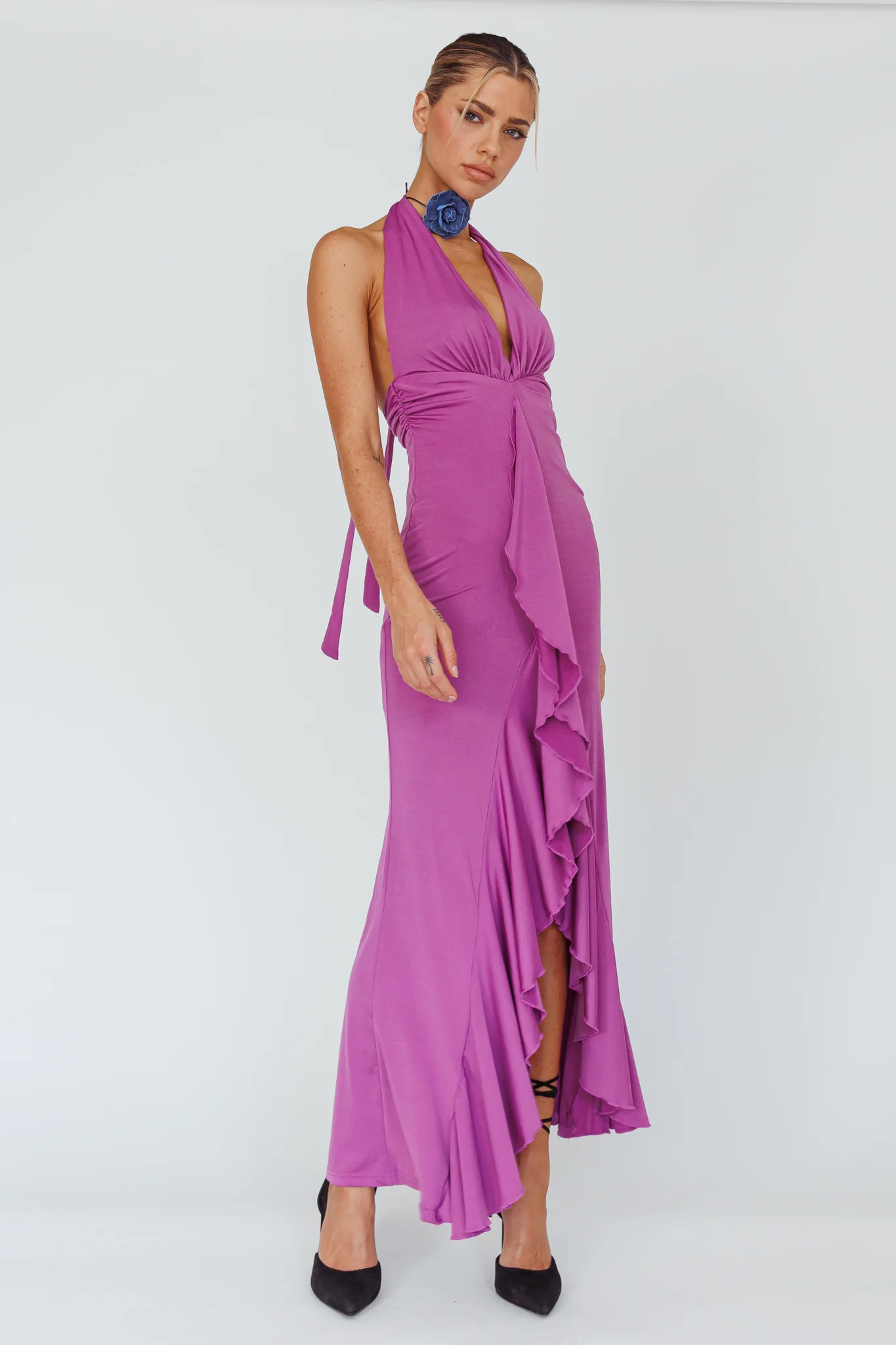 Zaphirah Halterneck Ruffle Dress Magenta