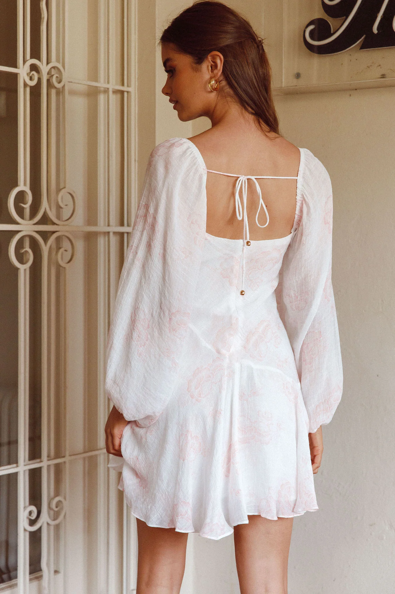 Beaujolais Long Sleeve Cowl Neckline Ruffle Mini Dress Floral Blush