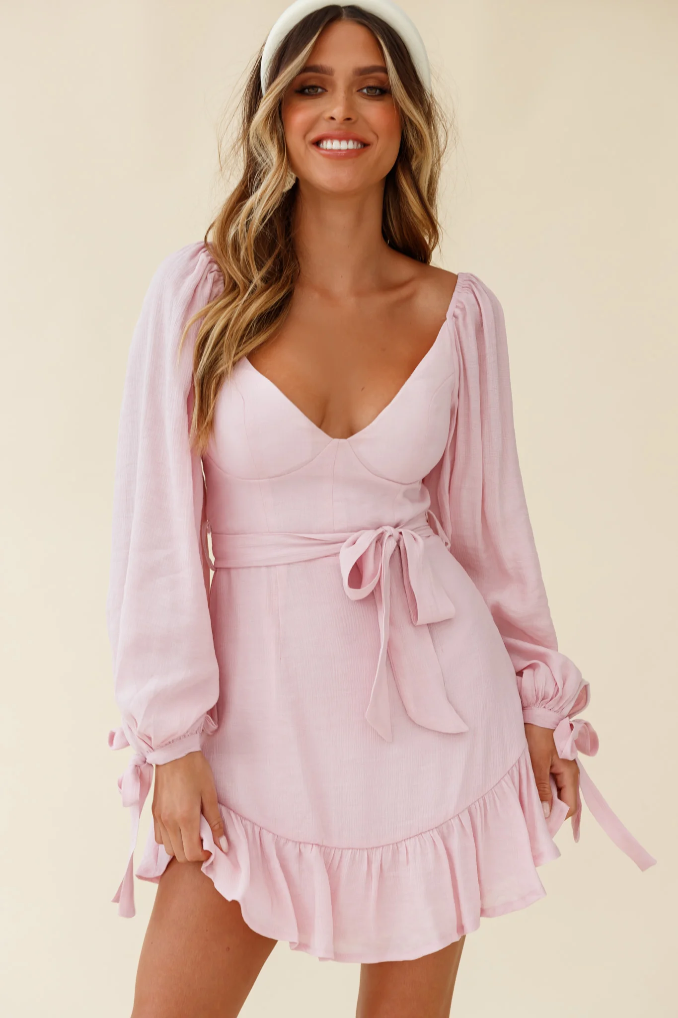 Make Memories Balloon Sleeve Molded Bust Dress Blush