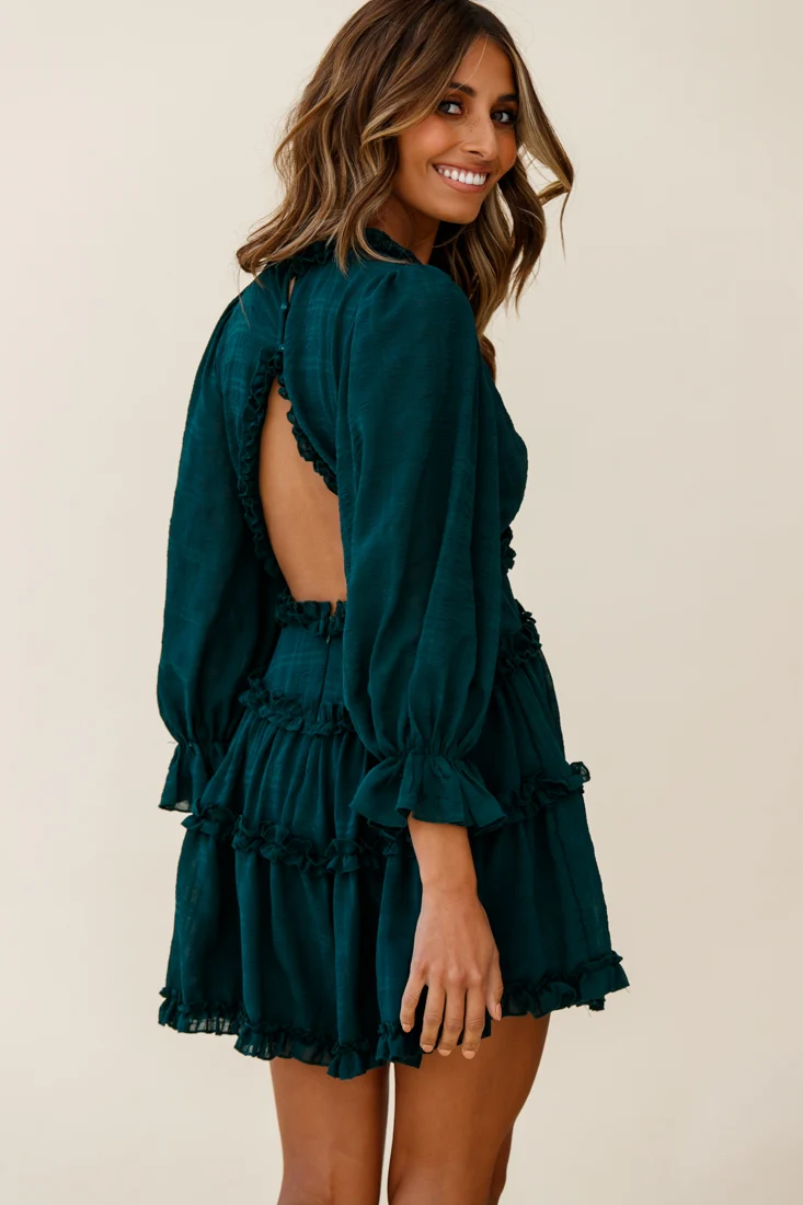 Laney Cutout Back Balloon Sleeve Dress Forest Green