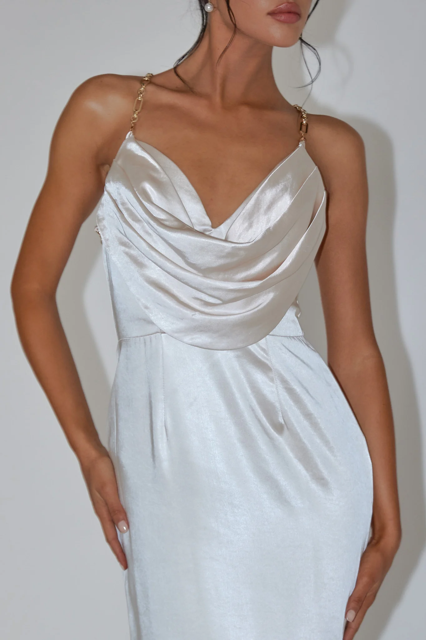 Emanuella Chain Strap Satin Midi Dress Champagne