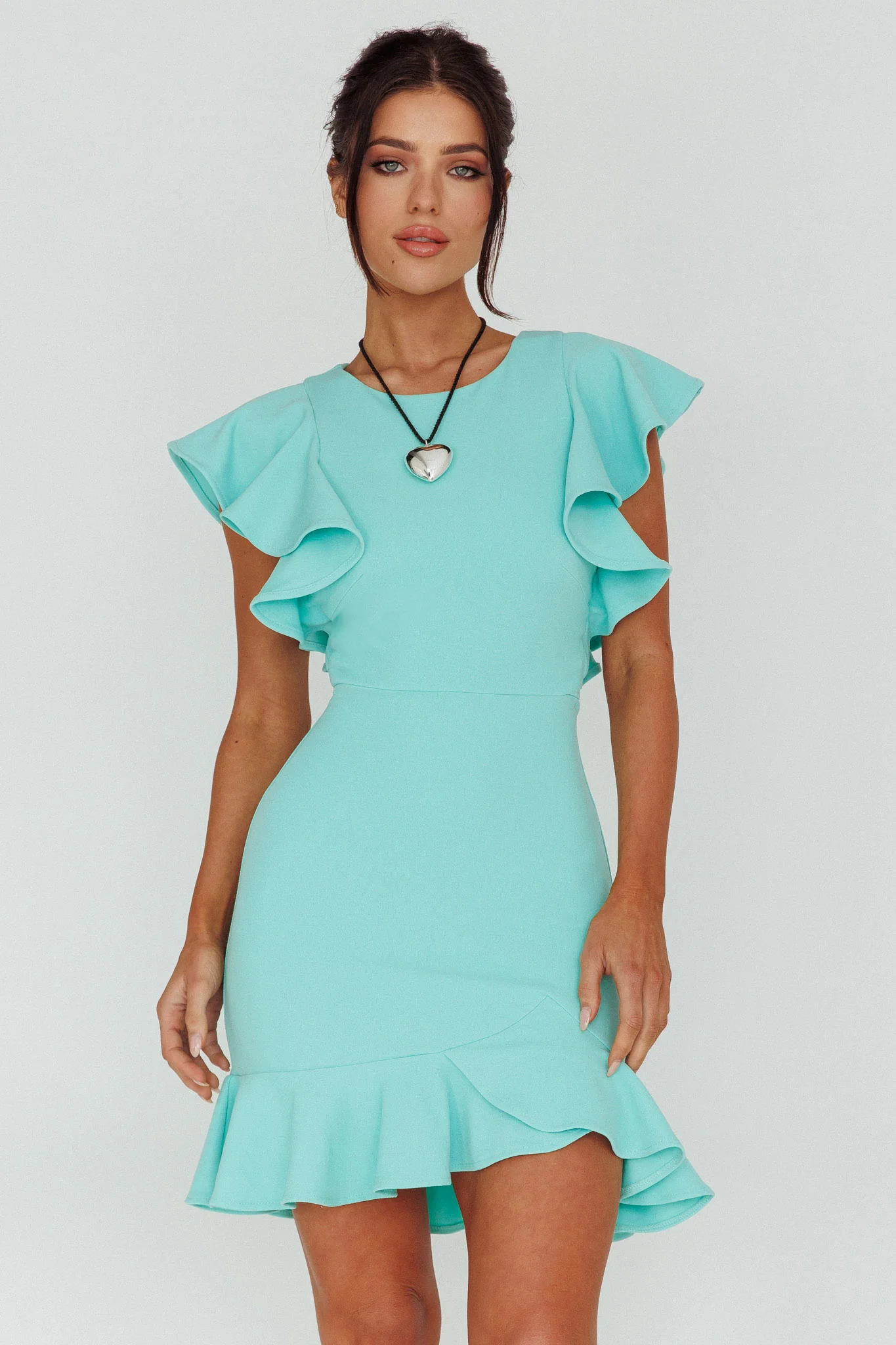 Cupid's Bow Ruffle Shoulder Bodycon Dress Teal
