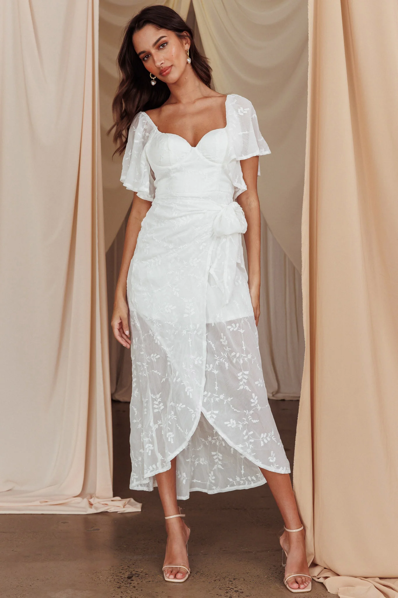 Aphrodite Molded Bust Angel Sleeve Midi Dress Floral White