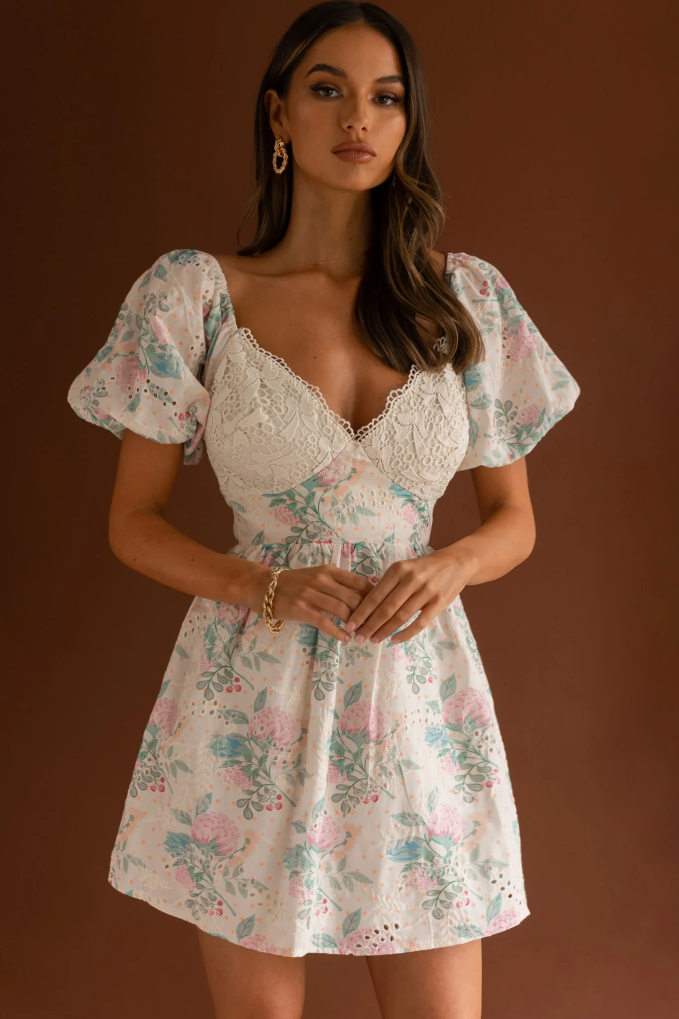 Lovers Lane Lace Trim Puff Sleeve Dress Floral Apricot