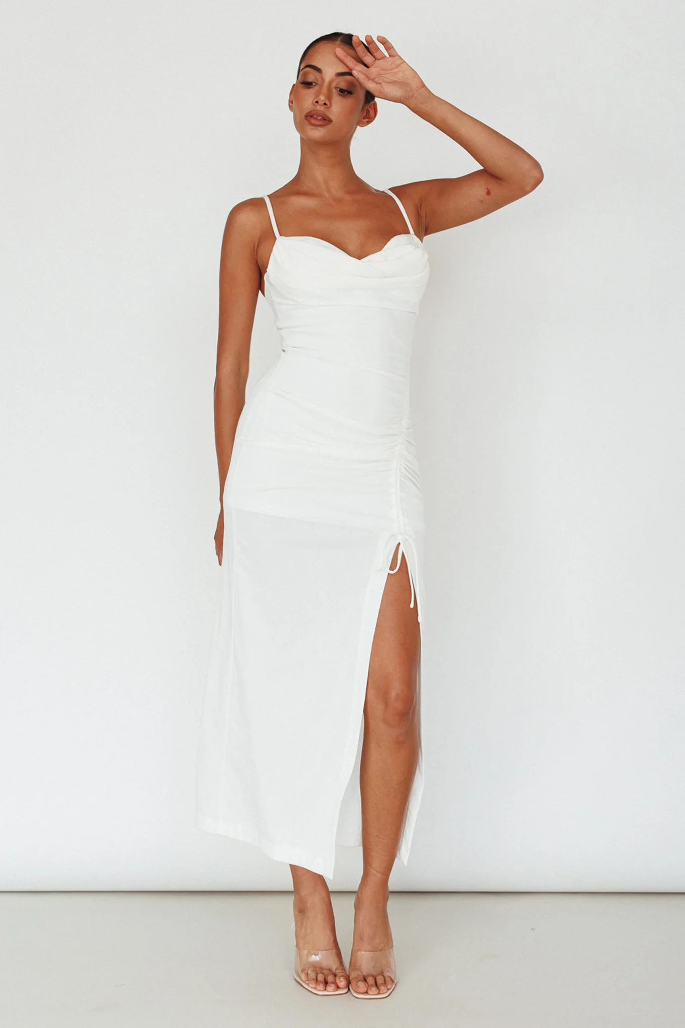 Samba Night Drawstring Ruched Midi Dress White