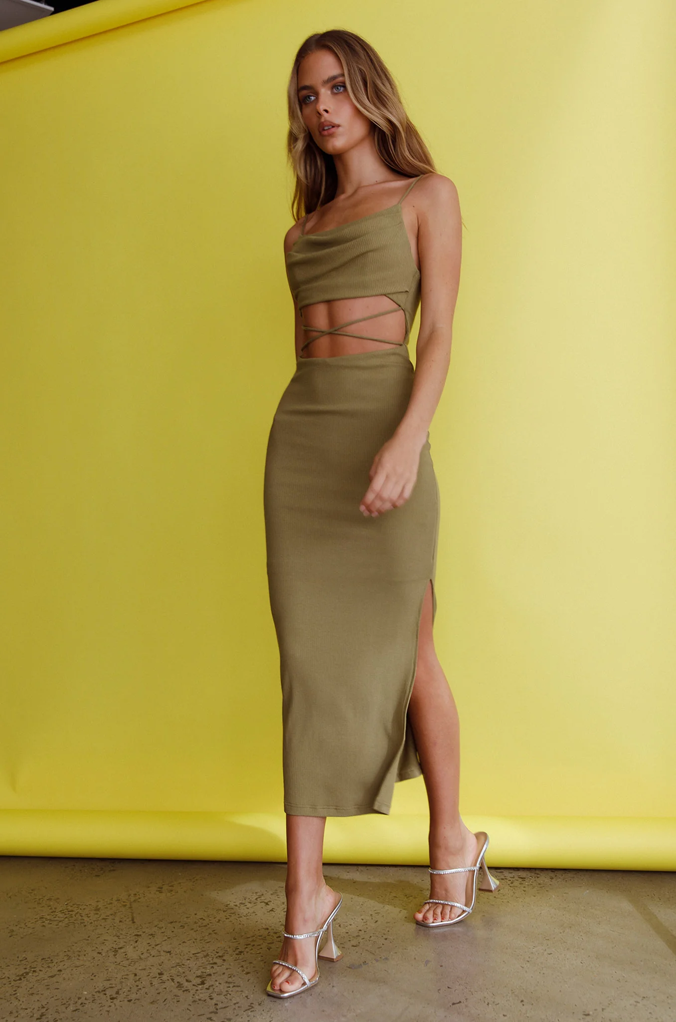 Crazy In Love Cowl Neck Cut-Out Waist Midi Dress Olive