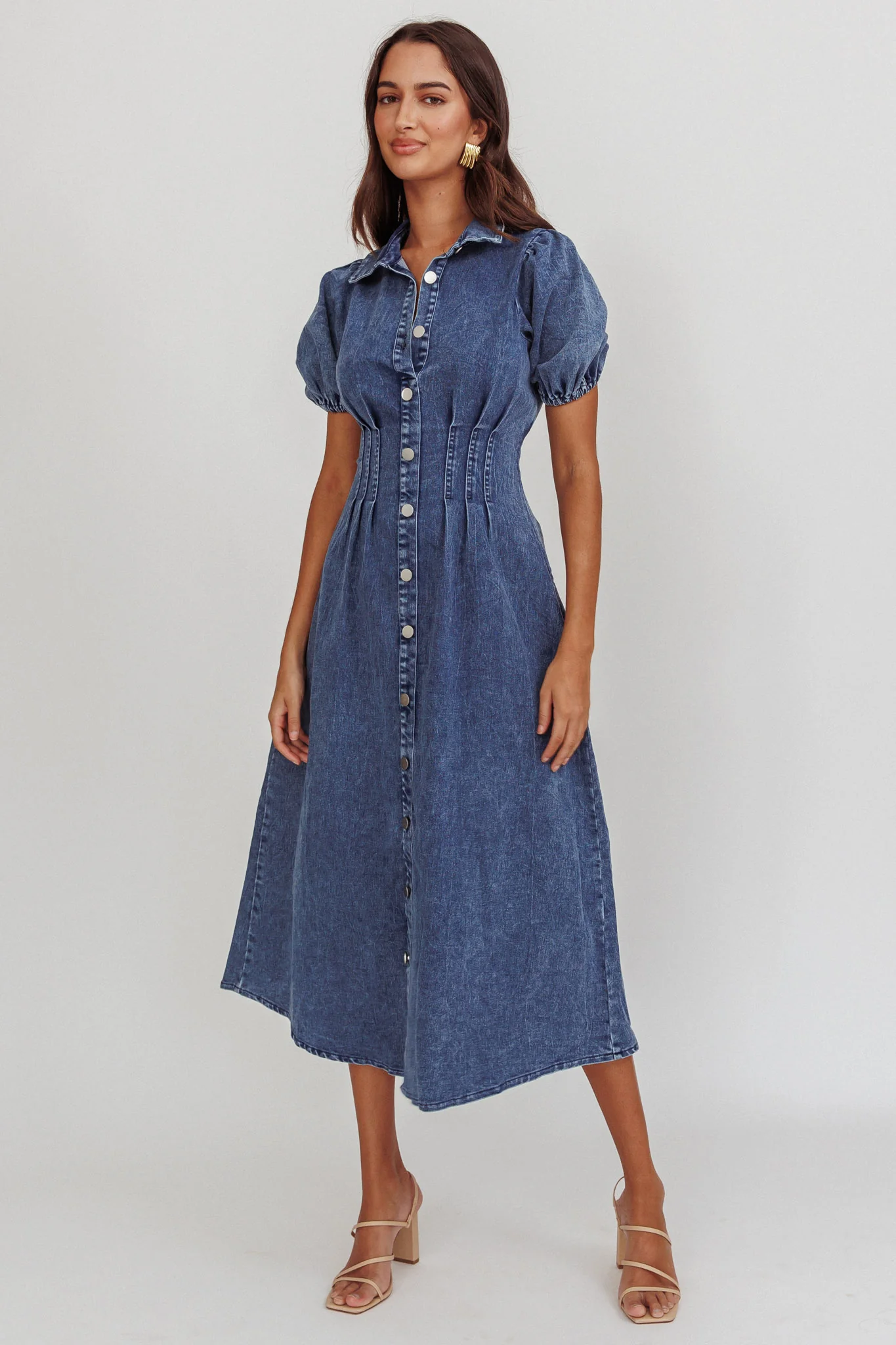 Zurich Pleated Waist Midi Dress Denim Dark Blue