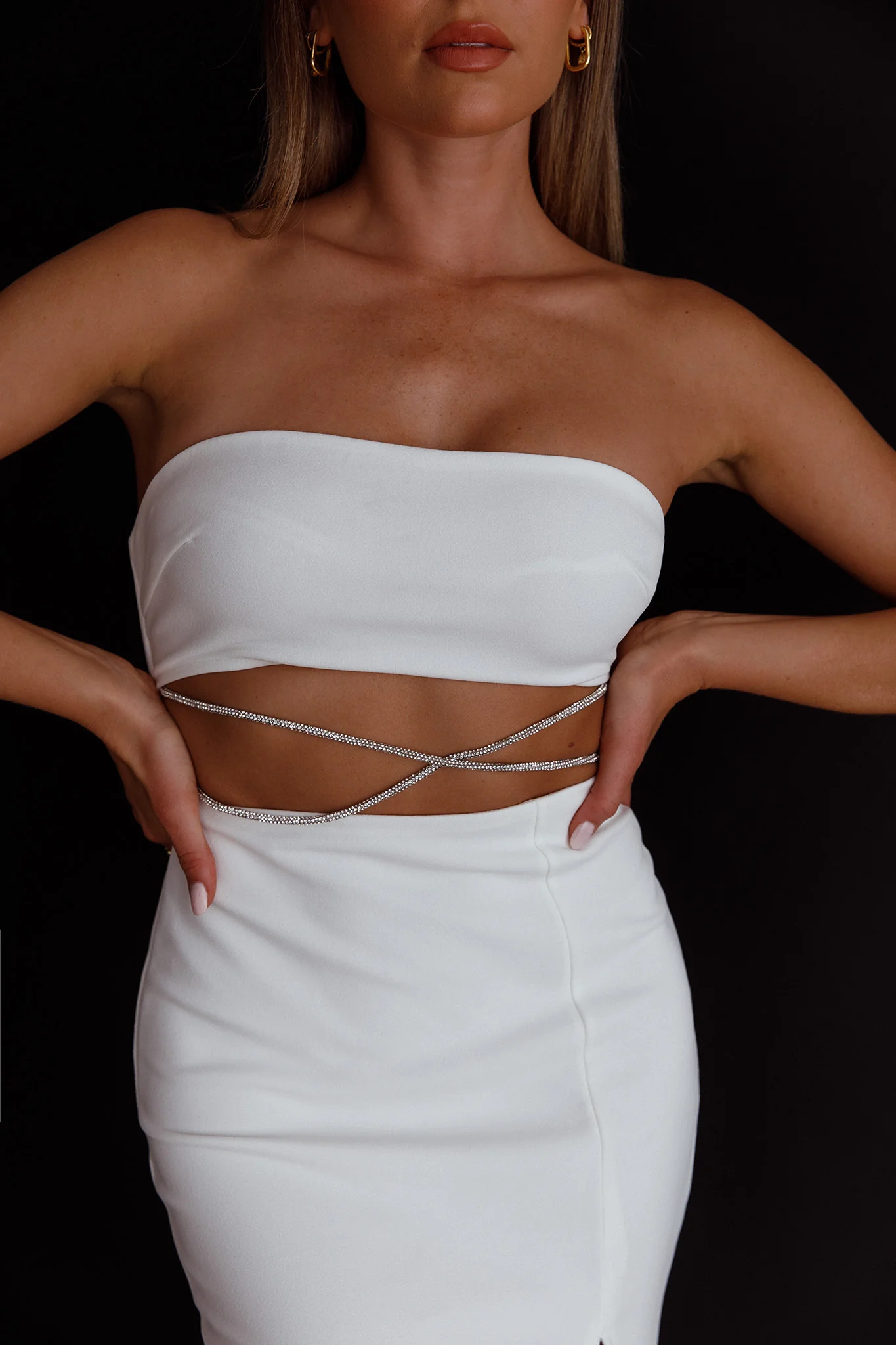 Nohemi Strapless Diamante Midi Dress White