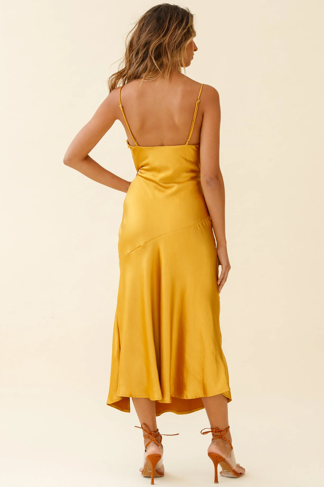 Downtown Cami Strap Front Split Midi Dress Mustard