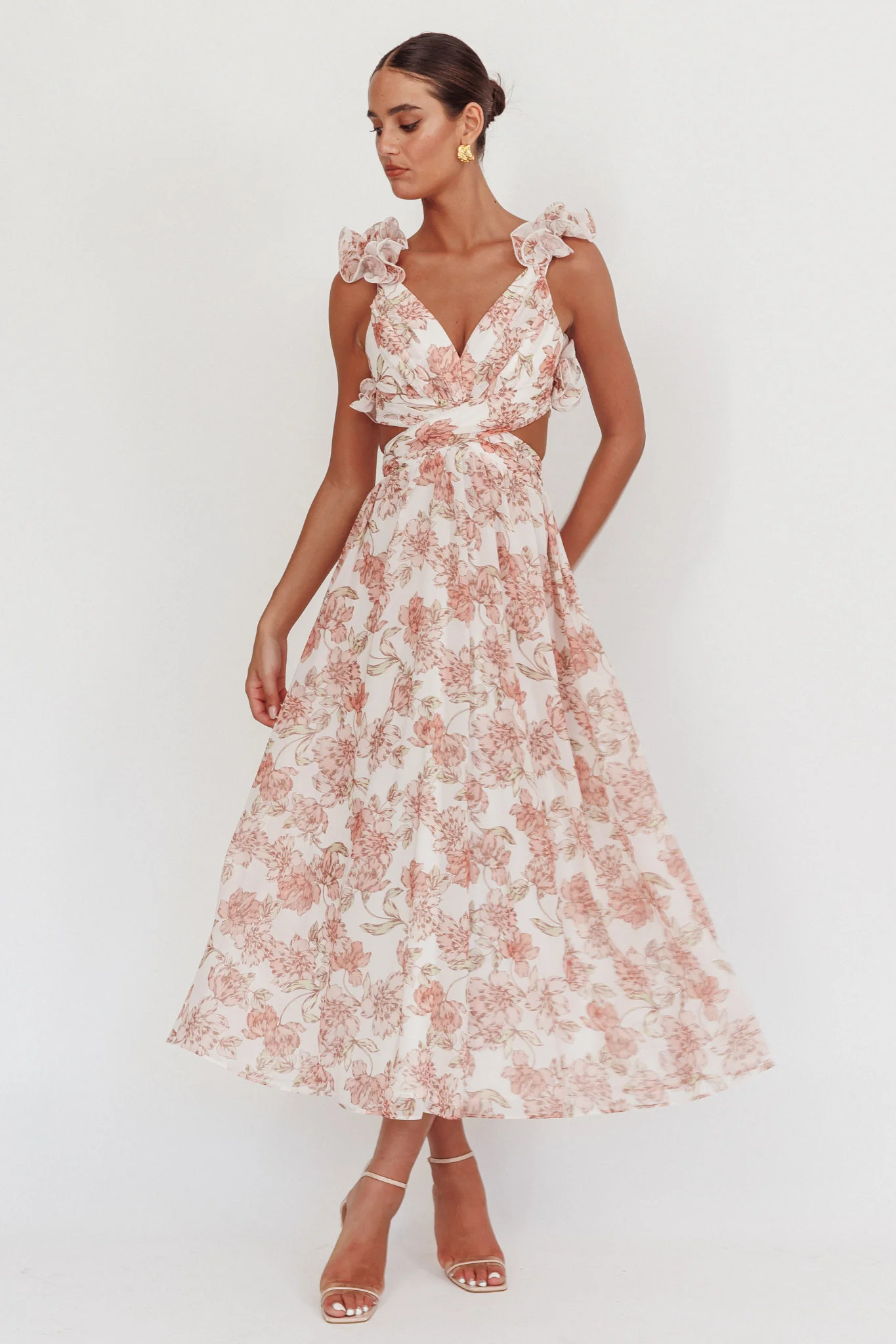 Doe Eyes Lace-Up Back Maxi Dress Floral Peach