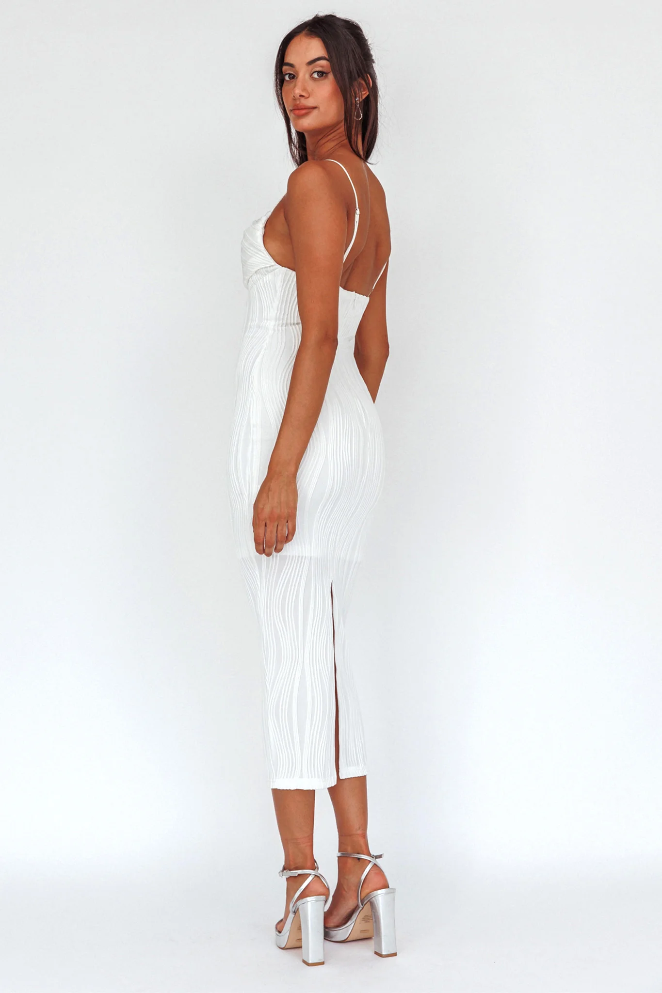 Well Versed Pleated Bust Textured Maxi Dress Off White