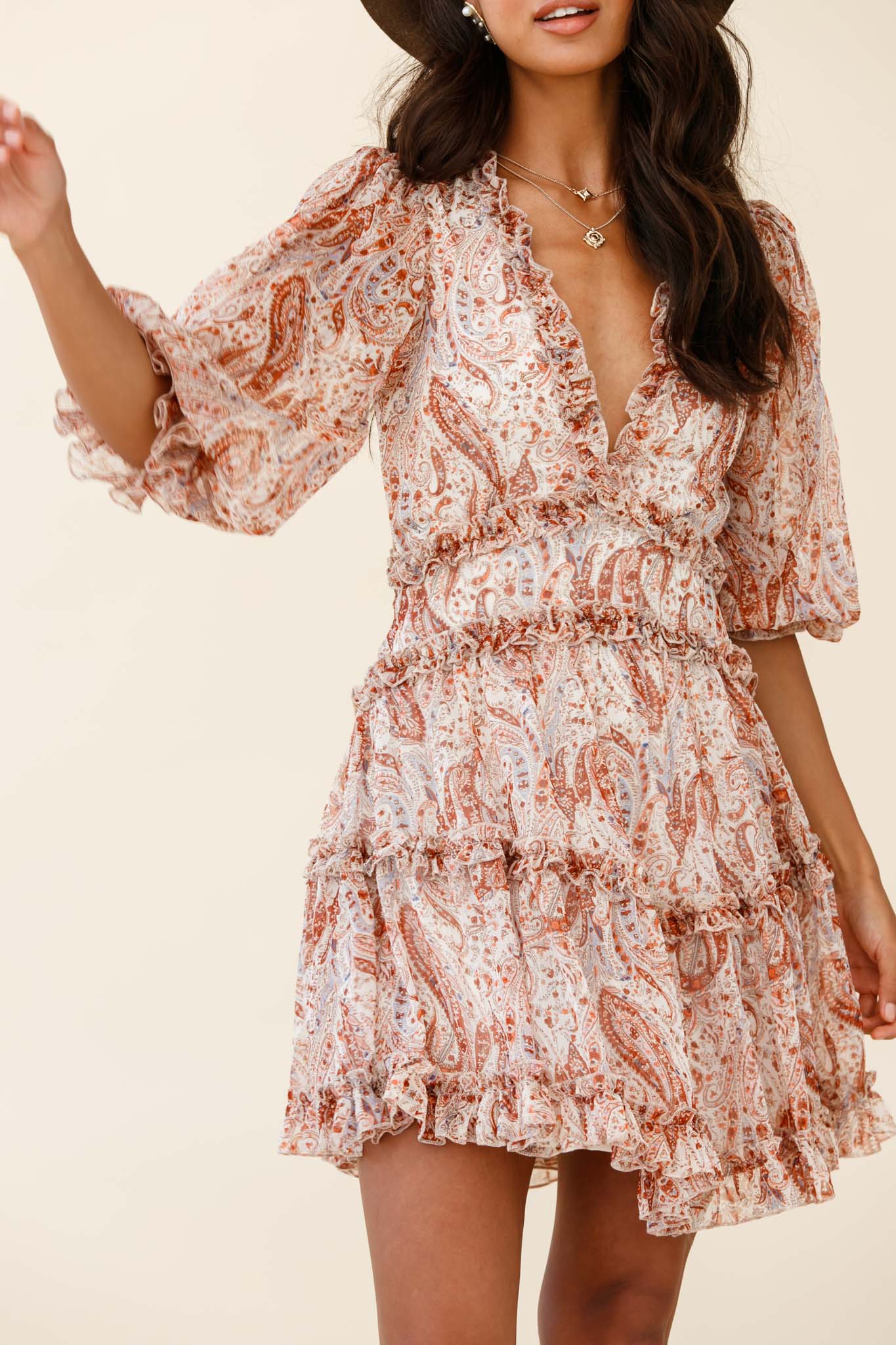 Laney Cutout Back Ruffle Trim Dress Paisley Print Rust