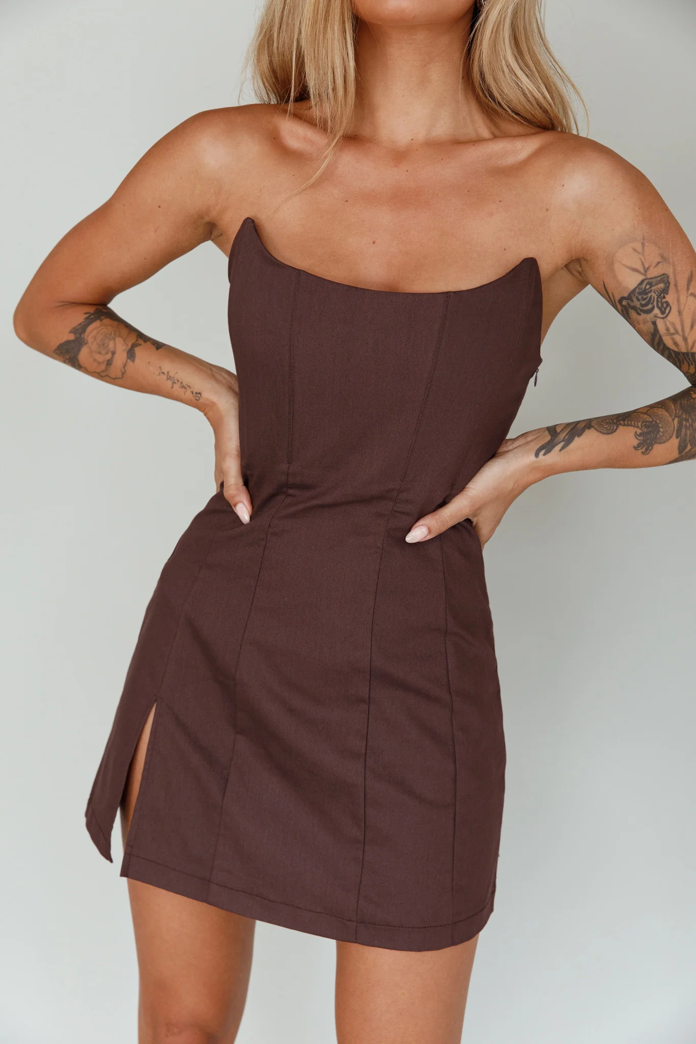 Luann Scoop Neckline Strapless Mini Dress Brown