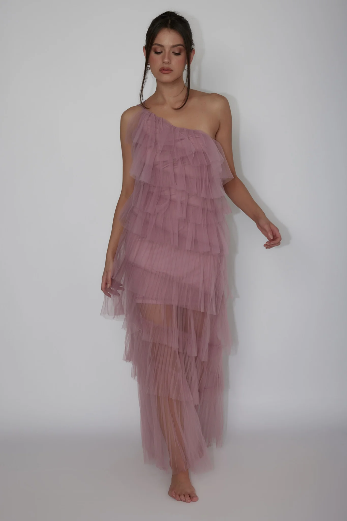 Arrabel Tiered Ruffle Tulle Maxi Dress Plum
