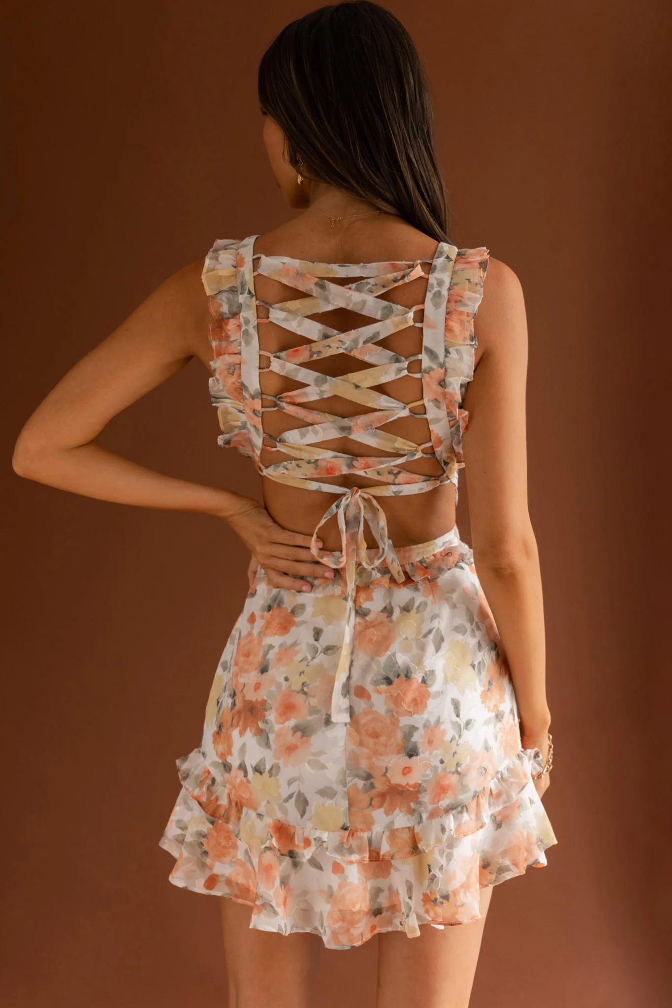 My Belle V-Neckline Lace-Up Back Frill Dress Floral Orange