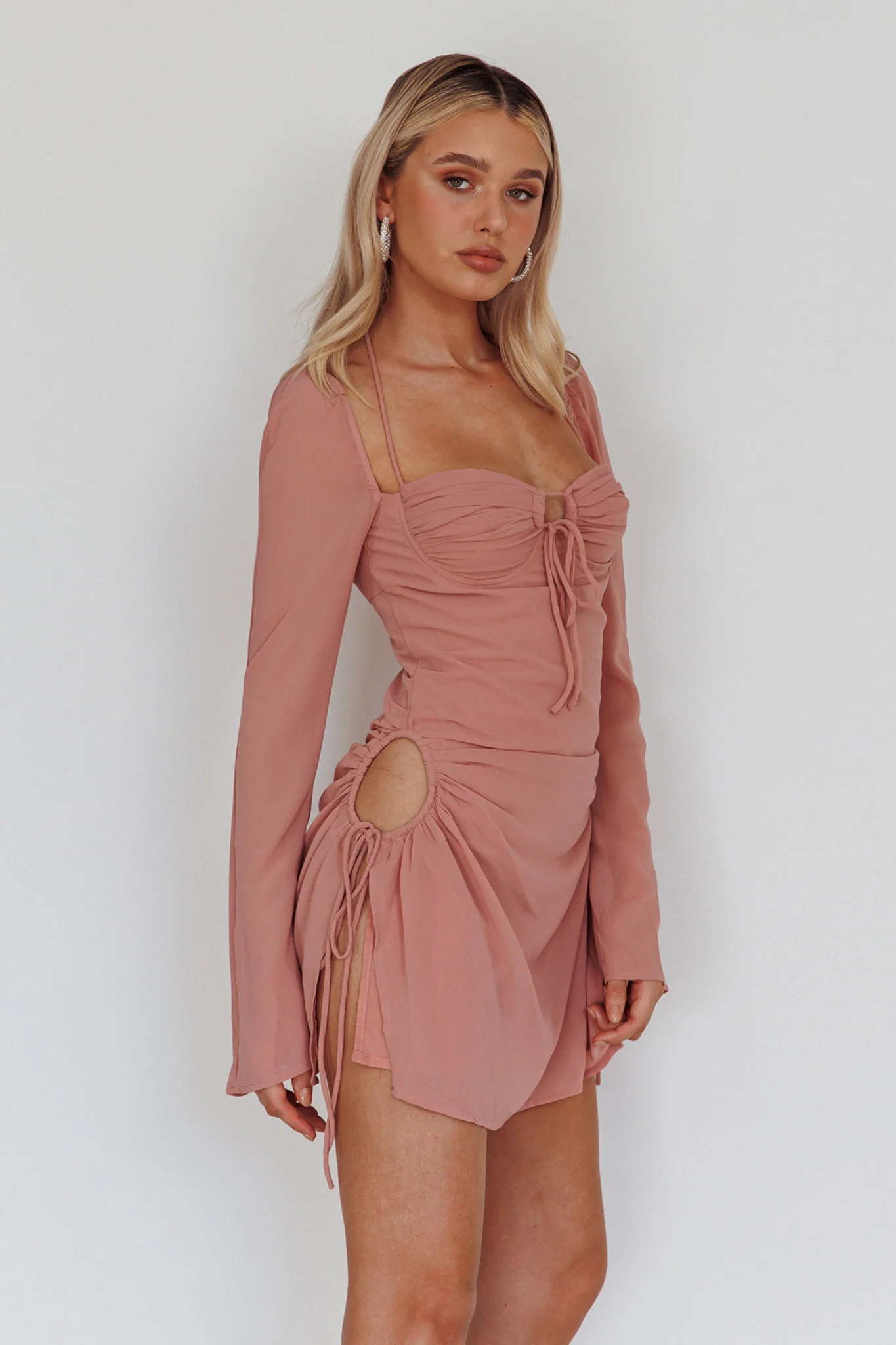 Etta Drawstring Long Sleeve Mini Dress Blush