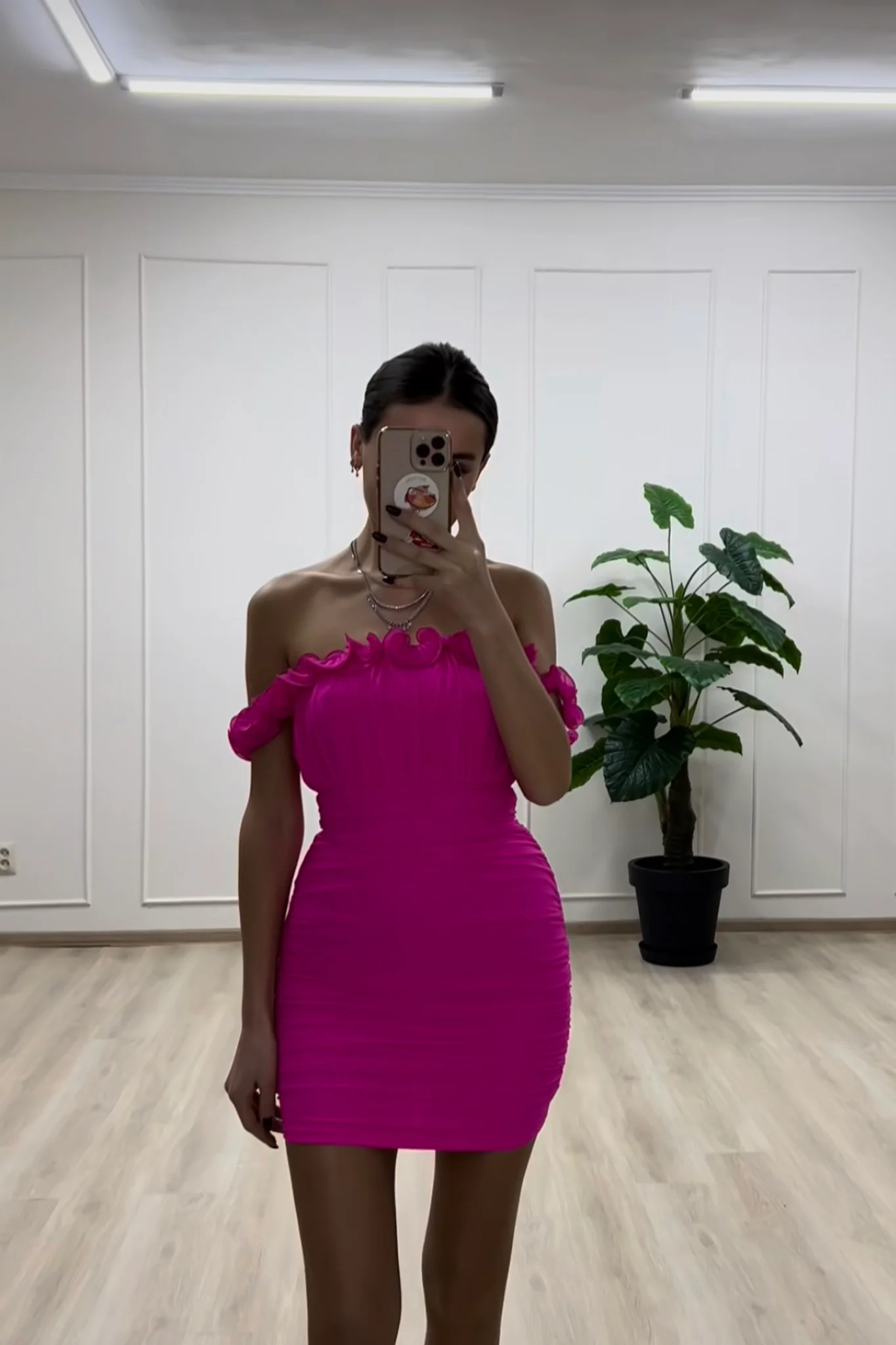 Senorita Off-Shoulder Lettuce Edge Detail Ruched Mini Dress Hot Pink