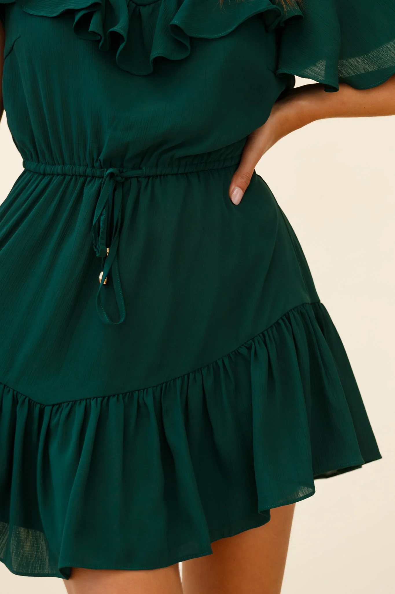 Forever Free Angel Sleeve Drawstring Waist Dress Forest Green