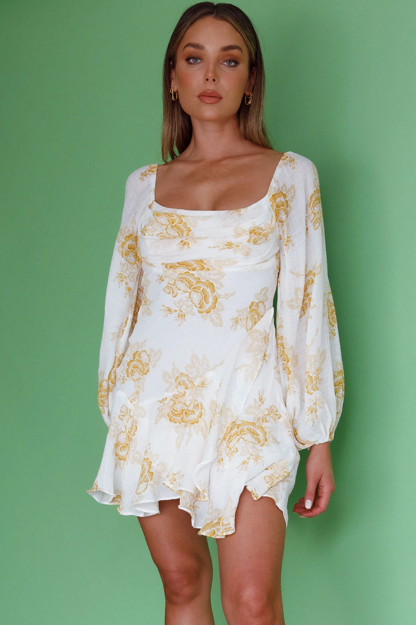 Beaujolais Long Sleeve Cowl Neckline Ruffle Mini Dress Floral Yellow
