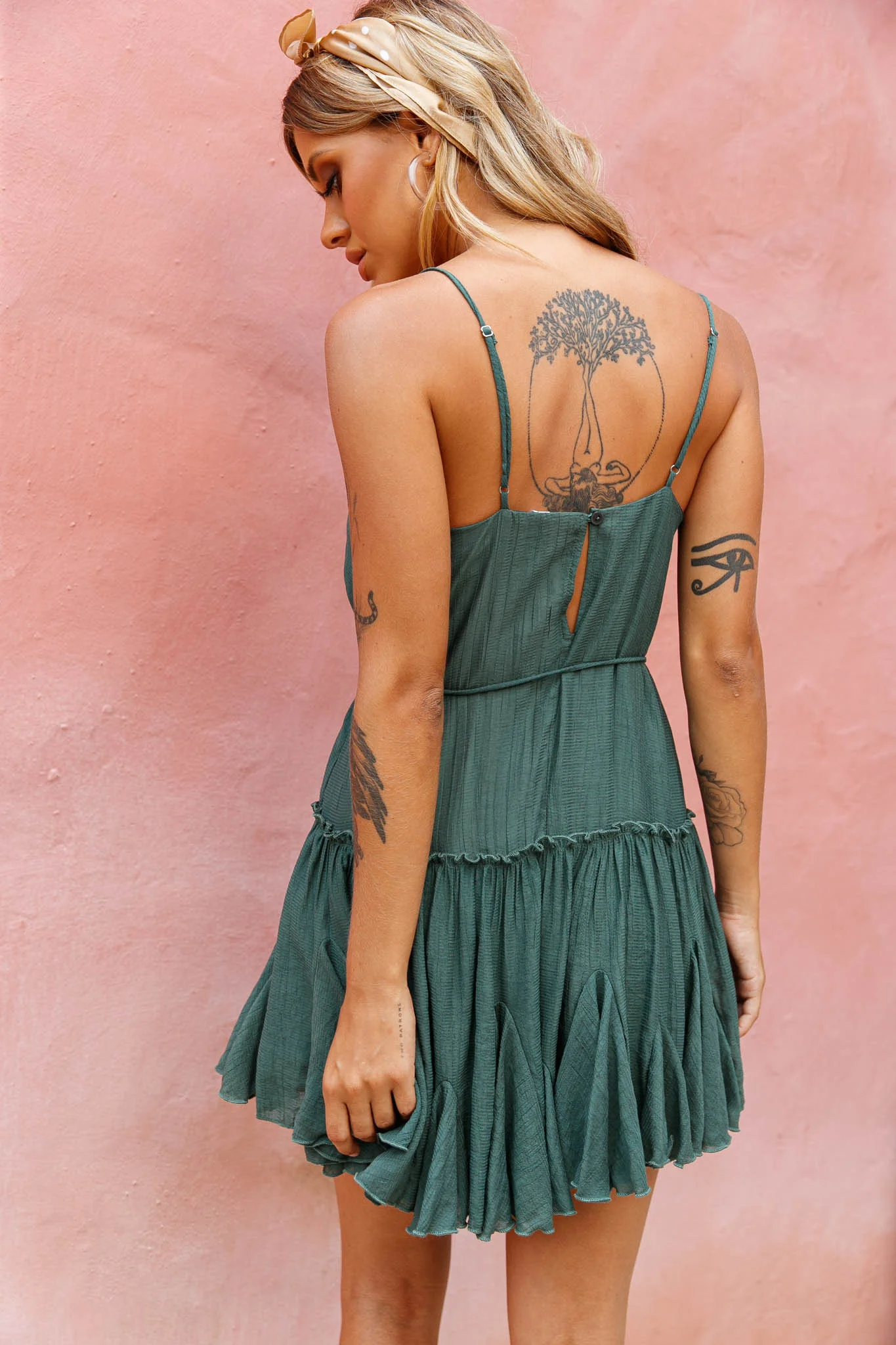 Rosabel Spaghetti Strap Fluted Hem Dress Green