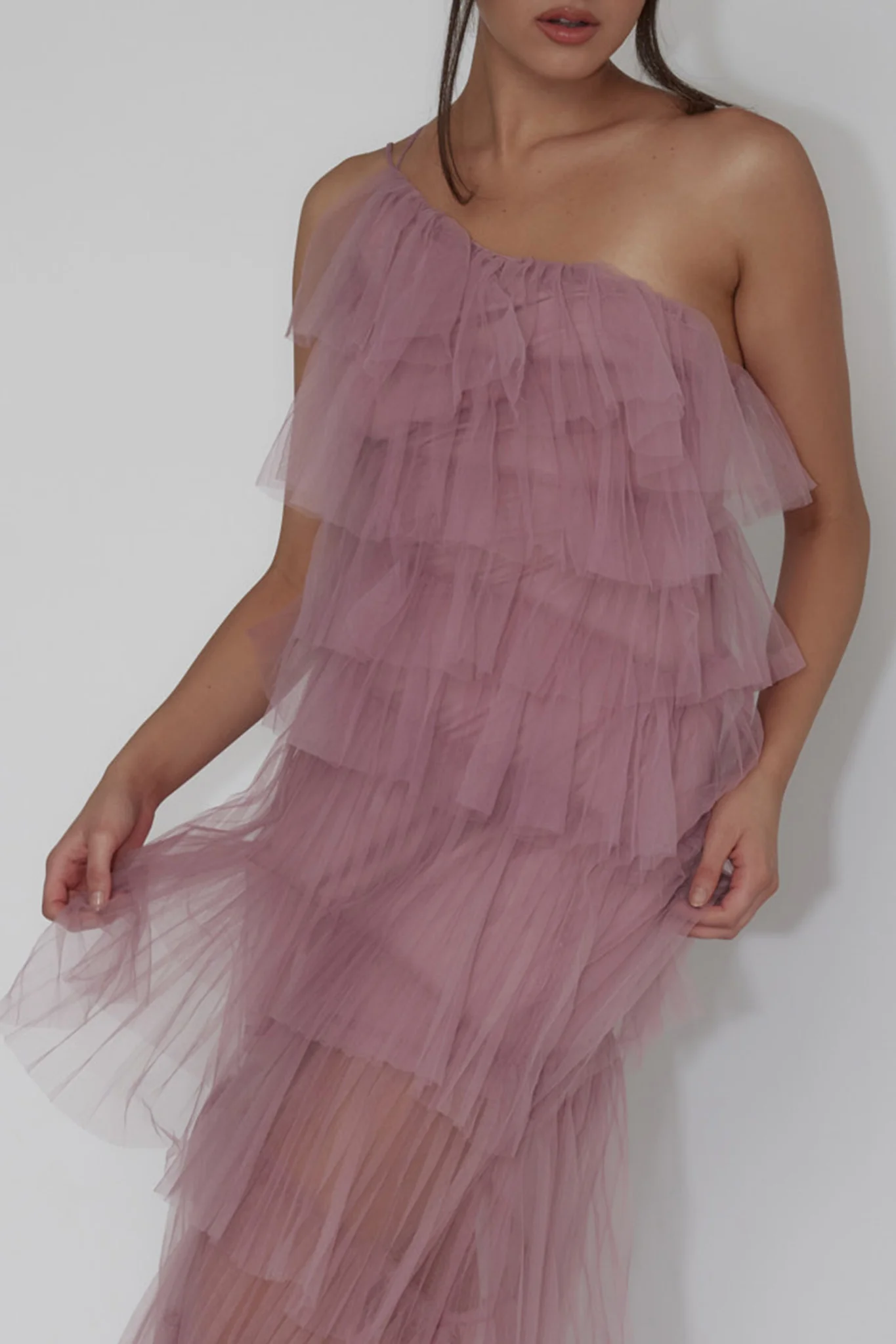 Arrabel Tiered Ruffle Tulle Maxi Dress Plum