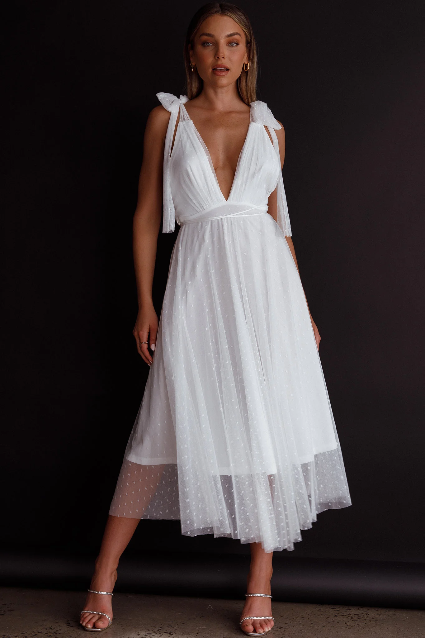 Kathryn Tied Shoulder Mesh Midi Dress White