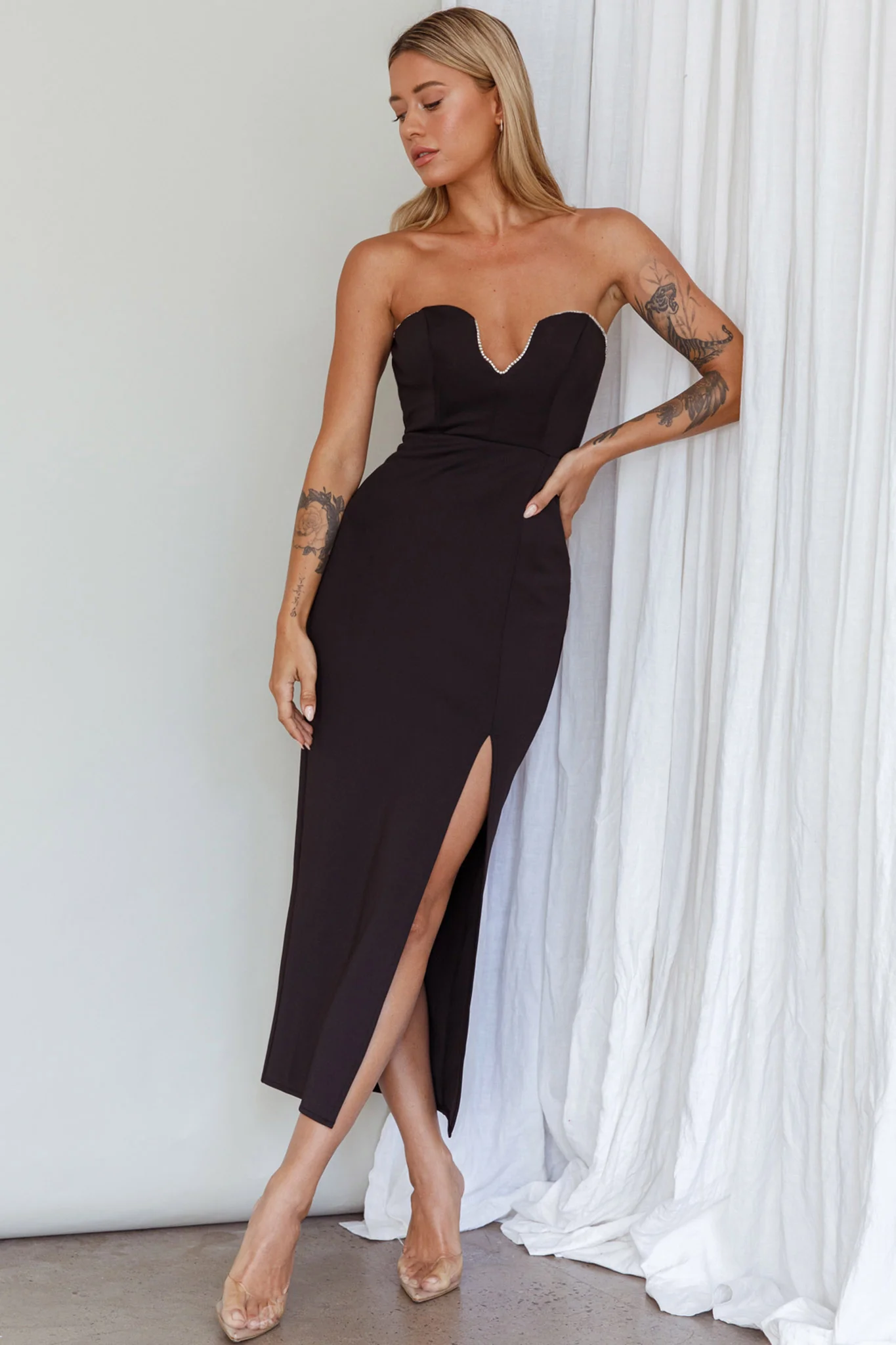 Mystic Diamante Neckline Midi Dress Black
