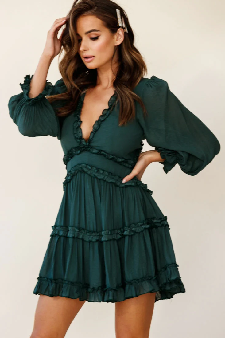 Laney Cutout Back Balloon Sleeve Dress Green
