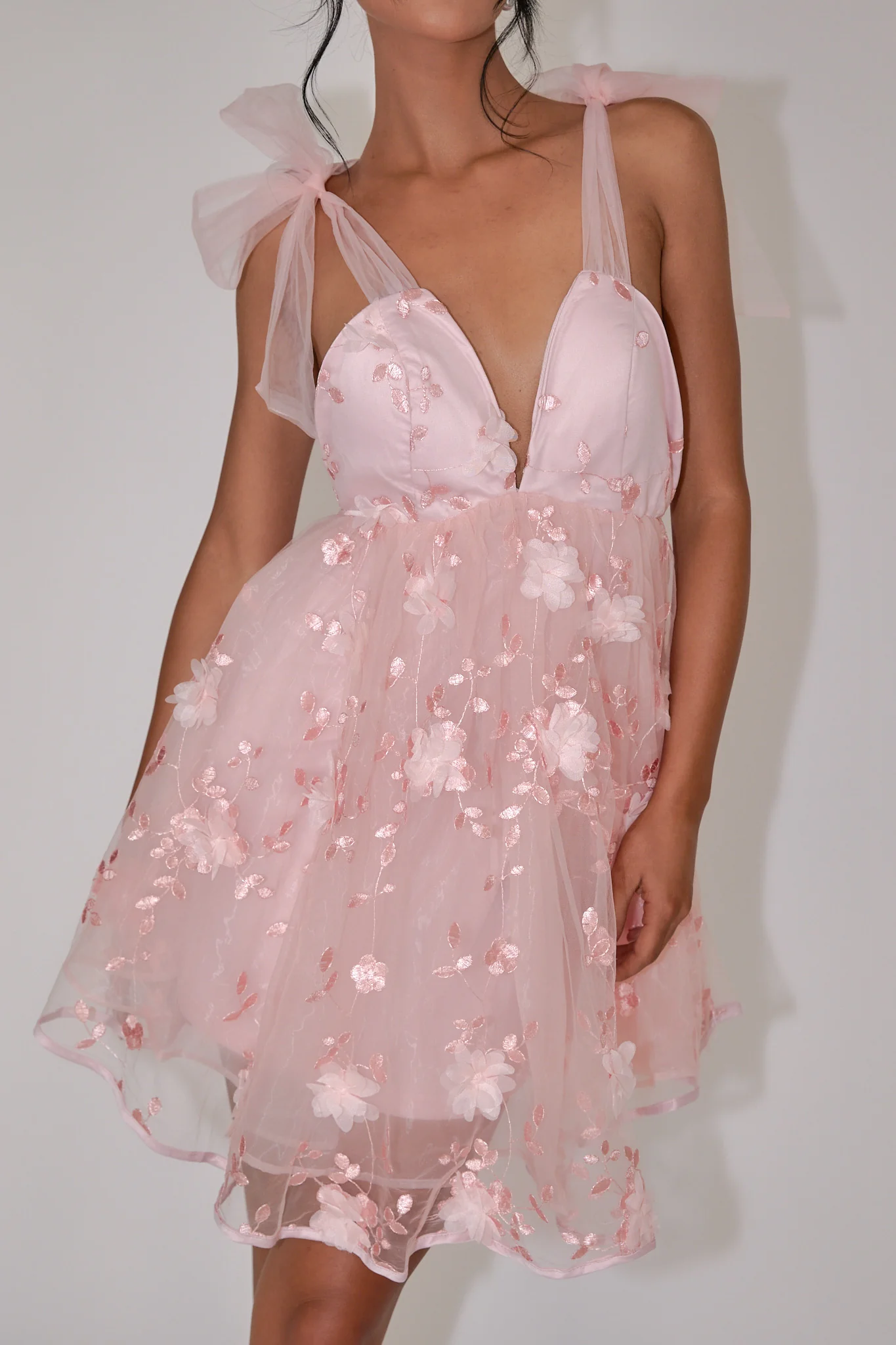 Spring Bloom Tied Shoulder Embellished Mini Dress Pink