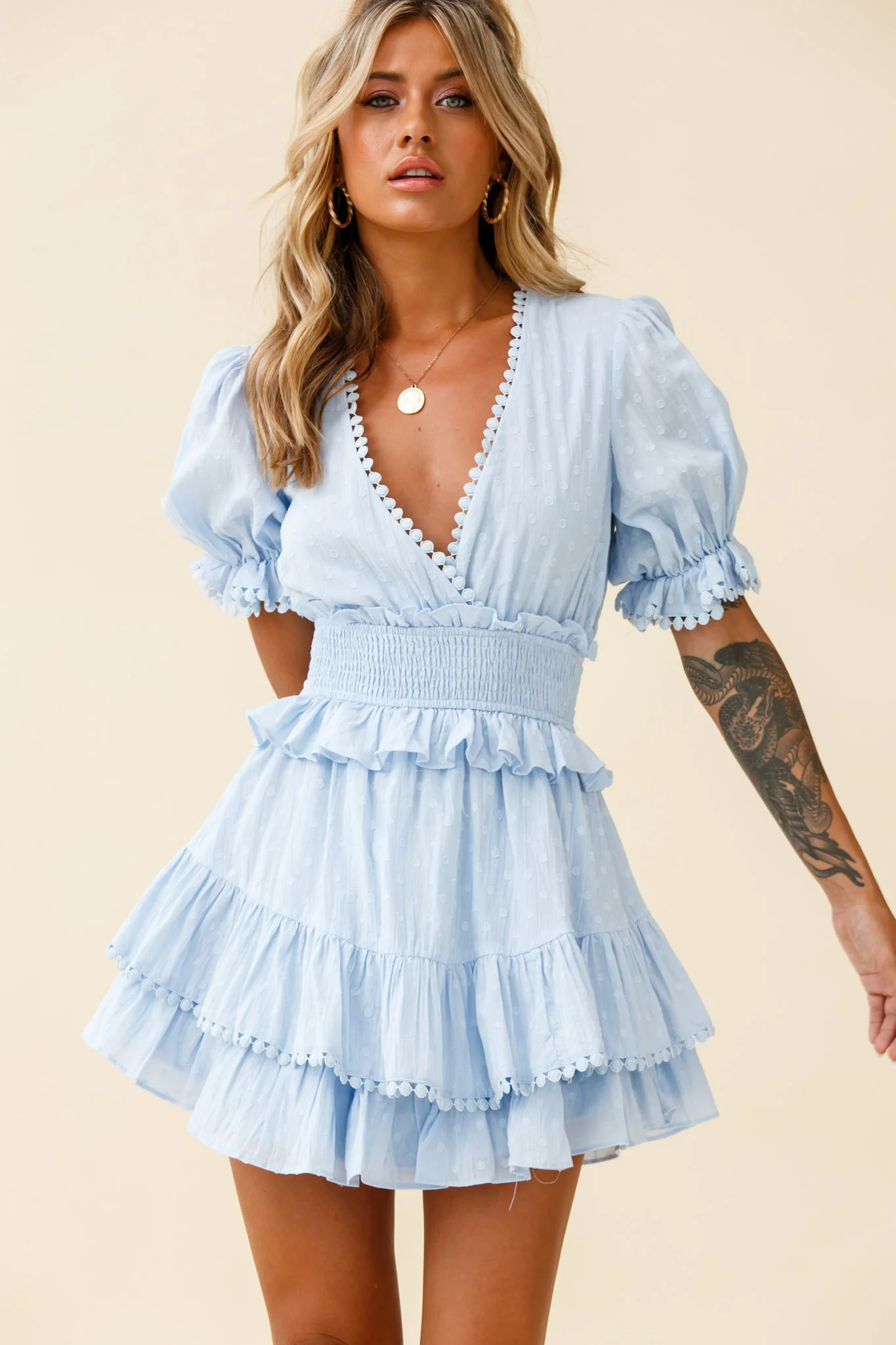 Nerissa Puff Sleeve Shirred Waist Dress Spotty Blue