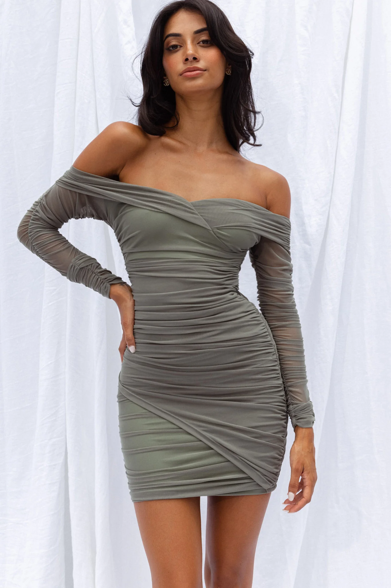 Moonrise Off-Shoulder Crossover Neckline Long Sleeve Ruched Dress Olive