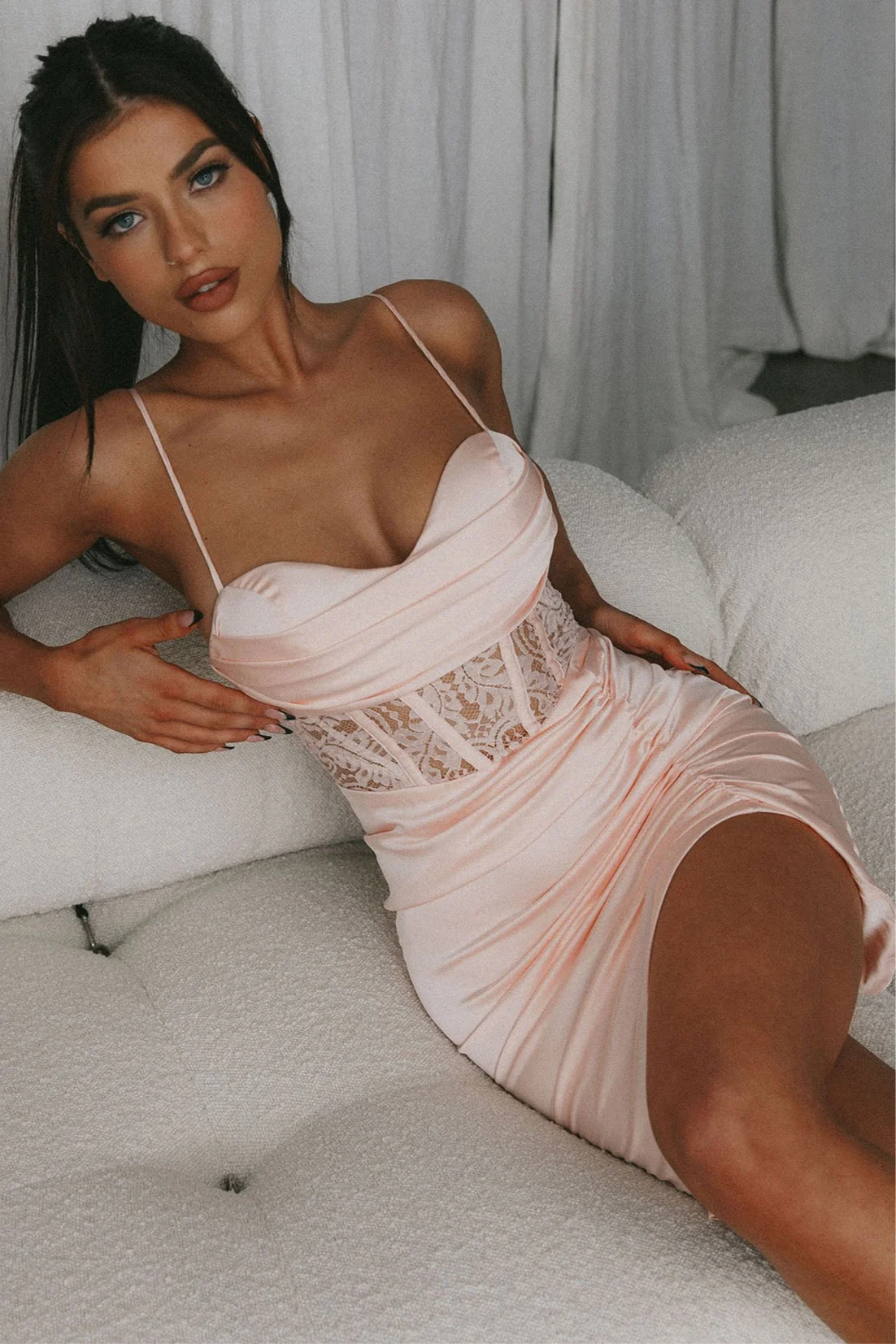 Tuscany Lace Bodice Ruched Dress Blush