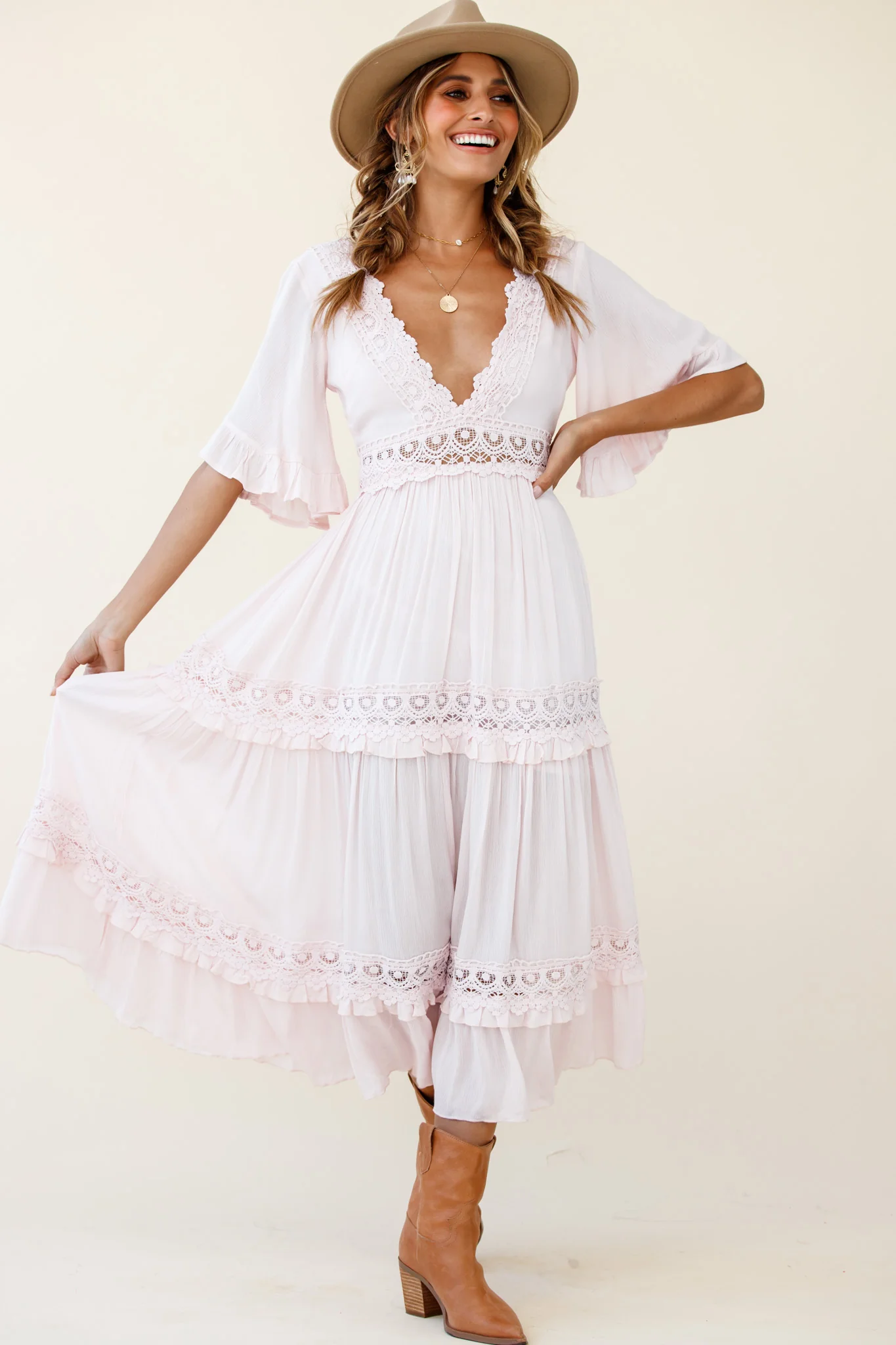 Indio Crochet Insert Deep V-Neckline Angel Sleeve Maxi Dress Pink