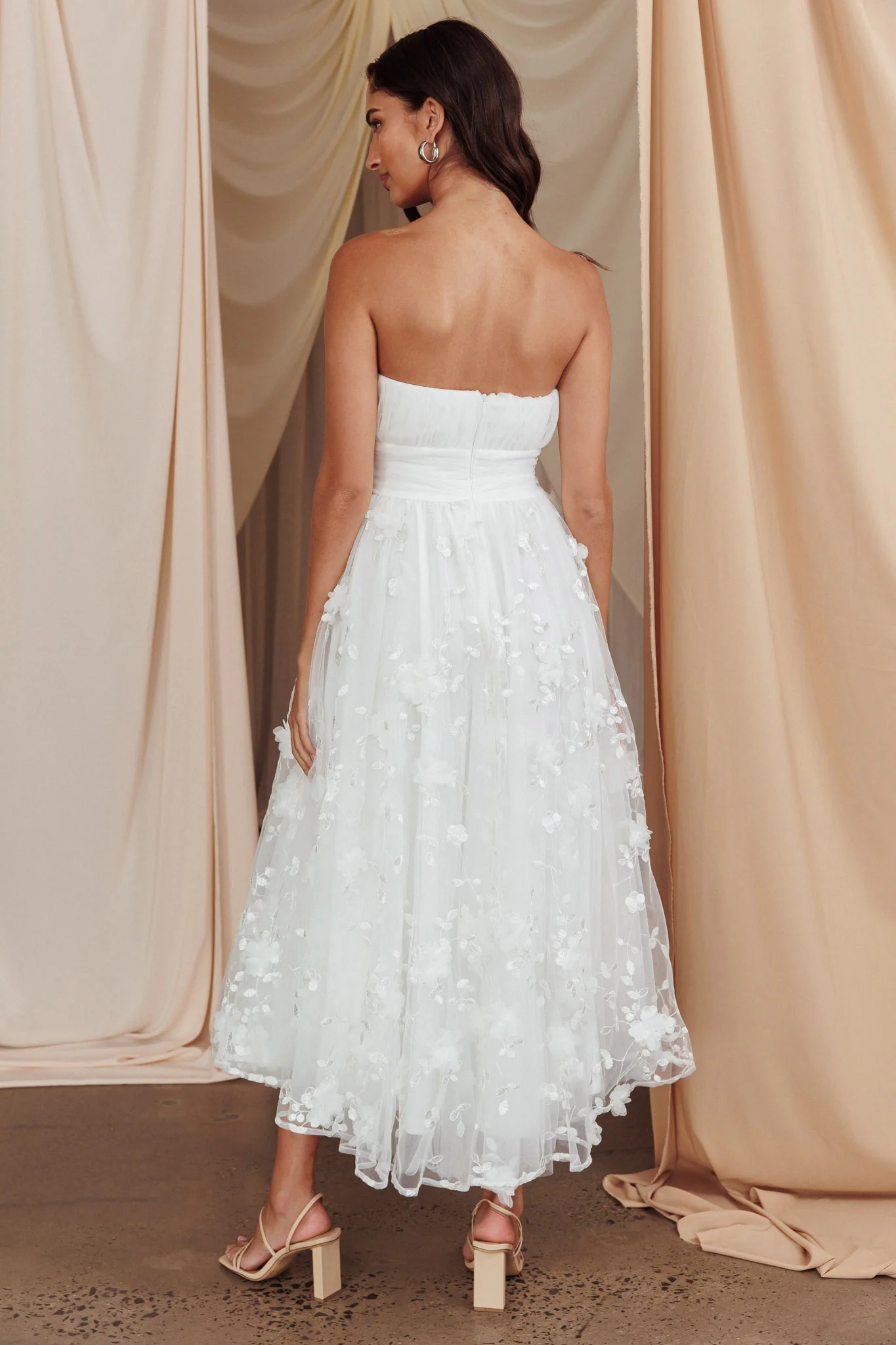 Fayette Strapless Mesh Midi Dress Embellished White