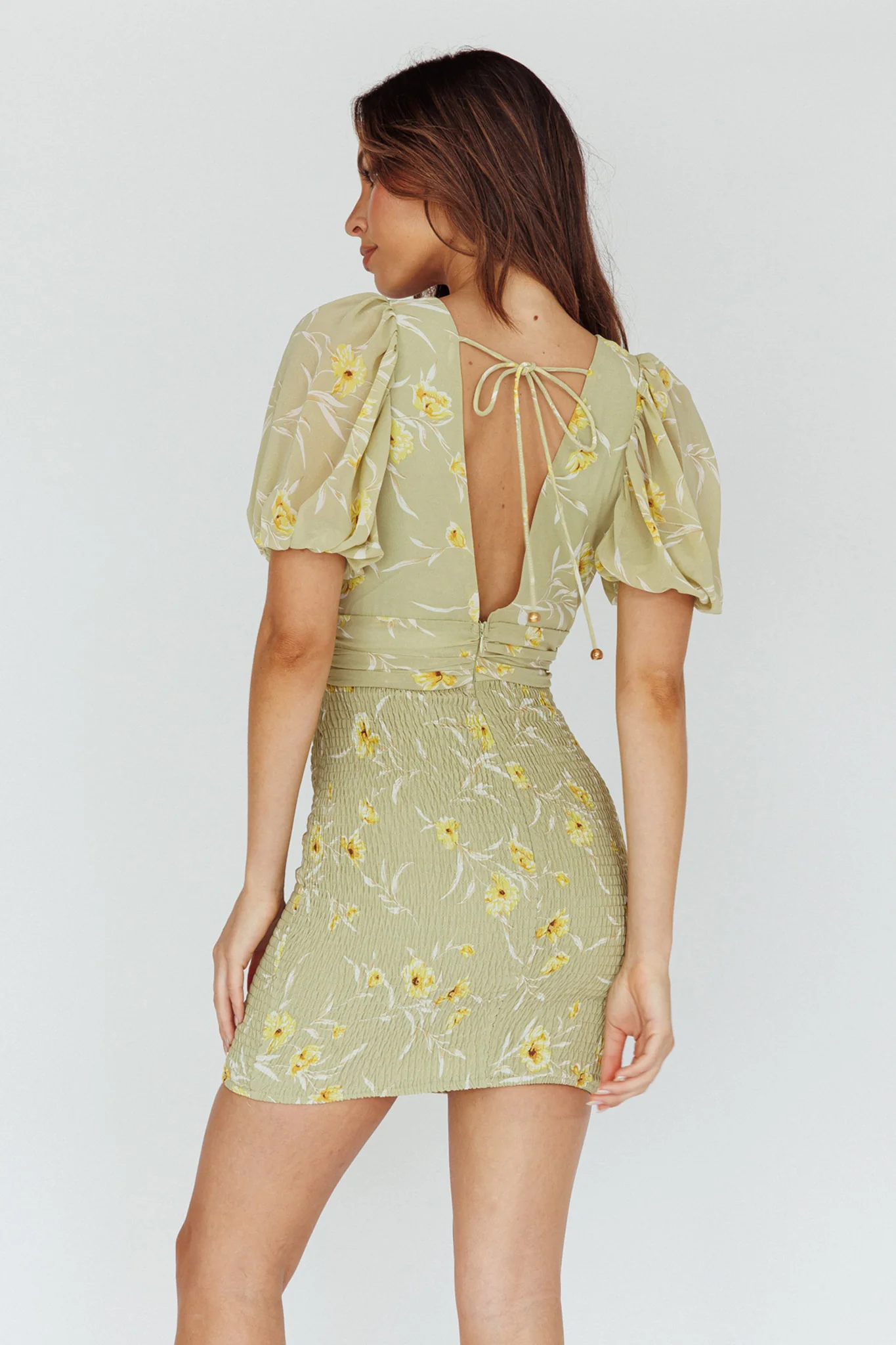 La Nena Shirred Mini Dress Floral Green