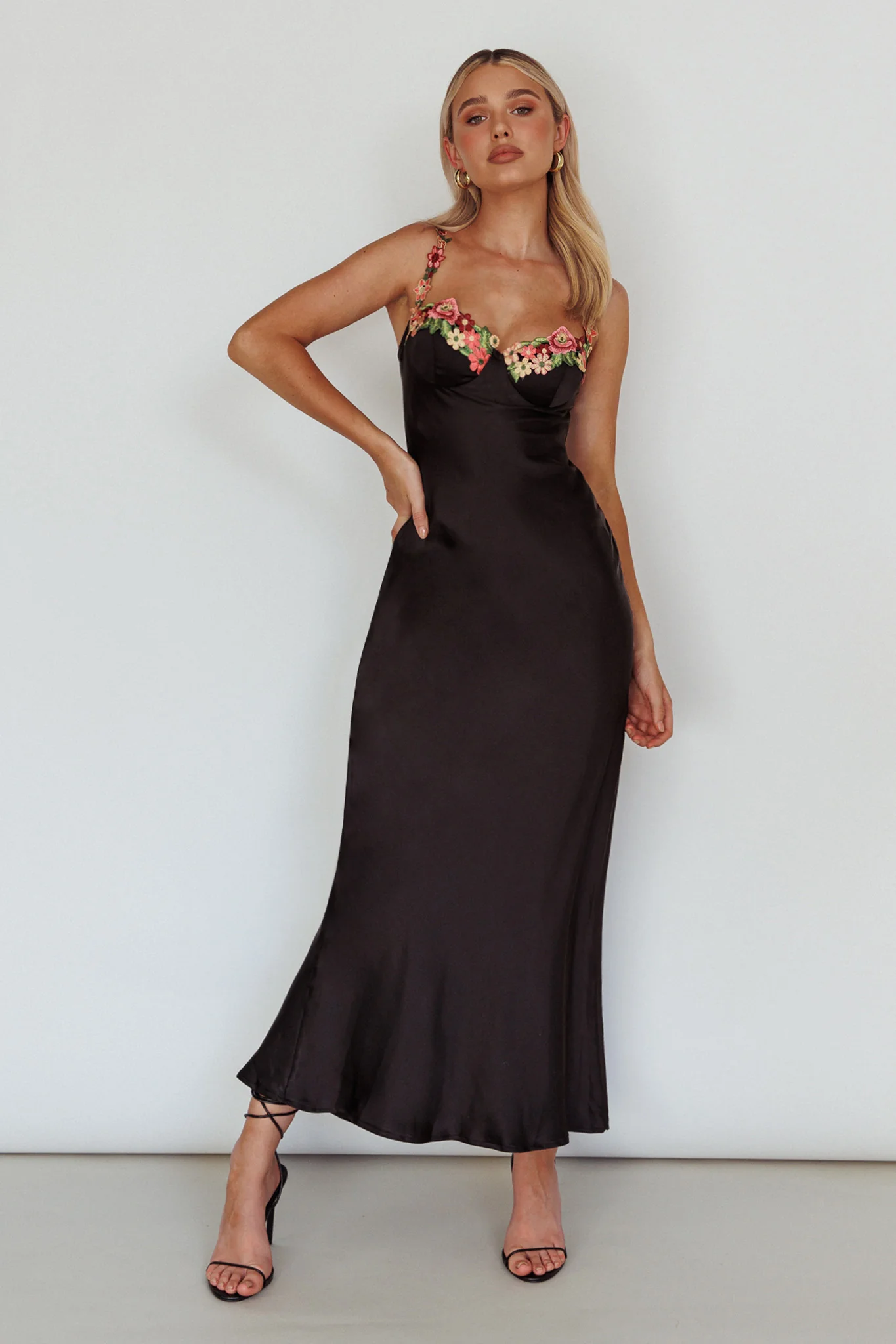 Rose Garden Floral Applique Midi Dress Black